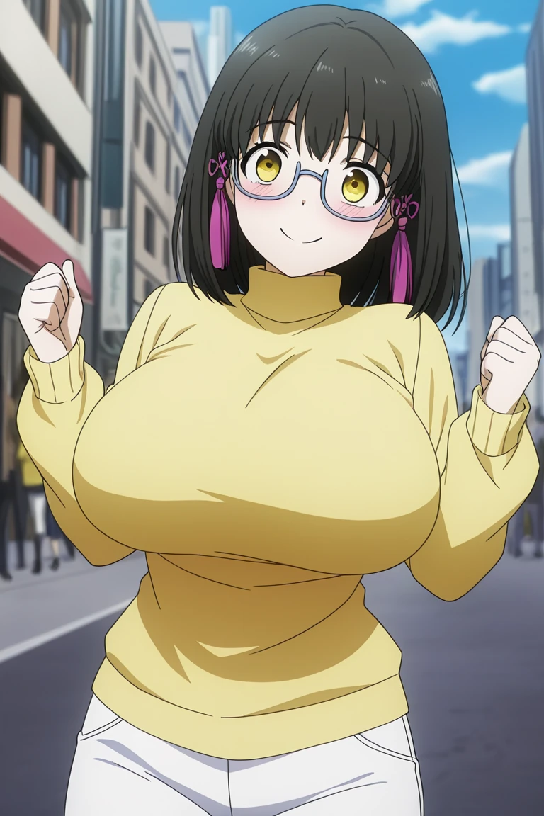 Female tomboy, messy hair, short hair,black hair,curly hair, brown eyes, Hispanic, huge breasts and thicc thighs nice curves and huge Ass, outside in the streets, anime,has black eyeliner, Fox pajamas , slut rave party