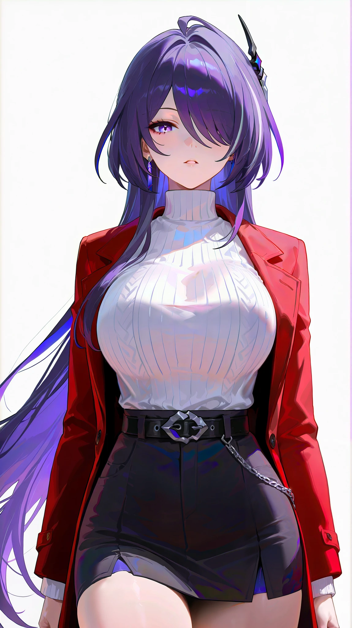 masterpiece, top quality, best quality, official art, beautiful and aesthetic:1.2),(8k, best quality, masterpiece:1.2), (((masterpiece))),(((best quality))),(((extremely detailed))), illustration, who, (masterpiece, top quality, best quality, official art, beautiful and aesthetic:1.2),(8k, best quality, masterpiece:1.2), 1girl, acheron \(honkai: star rail\) long hair, short shorts, 1girl, solo, breasts, long hair, purple eyes, skirt, purple hair, sweater, large breasts, belt, looking at viewer, white sweater, hair over one eye, simple background, coat, jewelry, earrings, black belt, long sleeves, pencil skirt, white background, turtleneck, turtleneck sweater, ribbed sweater, very long hair, open coat, cowboy shot, black skirt, alternate costume, open clothes, parted lips