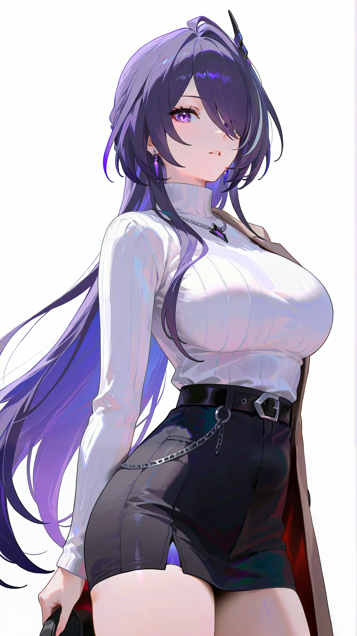 masterpiece, top quality, best quality, official art, beautiful and aesthetic:1.2),(8k, best quality, masterpiece:1.2), (((masterpiece))),(((best quality))),(((extremely detailed))), illustration, who, (masterpiece, top quality, best quality, official art, beautiful and aesthetic:1.2),(8k, best quality, masterpiece:1.2), 1girl, acheron \(honkai: star rail\) long hair, short shorts, 1girl, solo, breasts, long hair, purple eyes, skirt, purple hair, sweater, large breasts, belt, looking at viewer, white sweater, hair over one eye, simple background, coat, jewelry, earrings, black belt, long sleeves, pencil skirt, white background, turtleneck, turtleneck sweater, ribbed sweater, very long hair, open coat, cowboy shot, black skirt, alternate costume, open clothes, parted lips