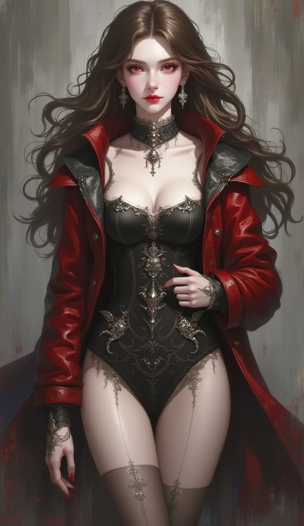 ((masterpiece:1.2, best quality, ultra detailed, absurdres, perfect ???????)), ((((perfect hands)))), (((1 woman))), (short brown wavy hair), red eyes, fit, ((dhampir noble sorcerer)), (black cloak), ((red lipstick)),