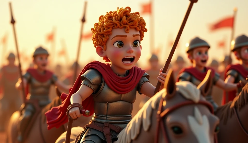 Young boy 13 years old, short red hair, wearing armor, in an army, in front of a king, biblical style