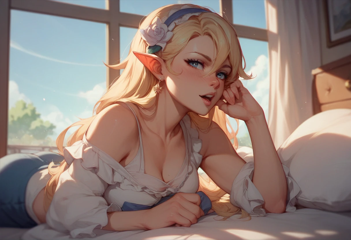 high-re, sharp foc, pixiv's masterpiece, ((complicated detail)), extremly detailed, pointy ear, Heterochromia, 独奏, bronde hair, Green eyes, Blue Eye, Ahoge, 1girls, shorth hair, elvish, Dark skinned, Whole human body, woman kngiht,HugeBoobs、Pink pajamas、Sleeping in a hammock、During sleep、Aura of Overlord、