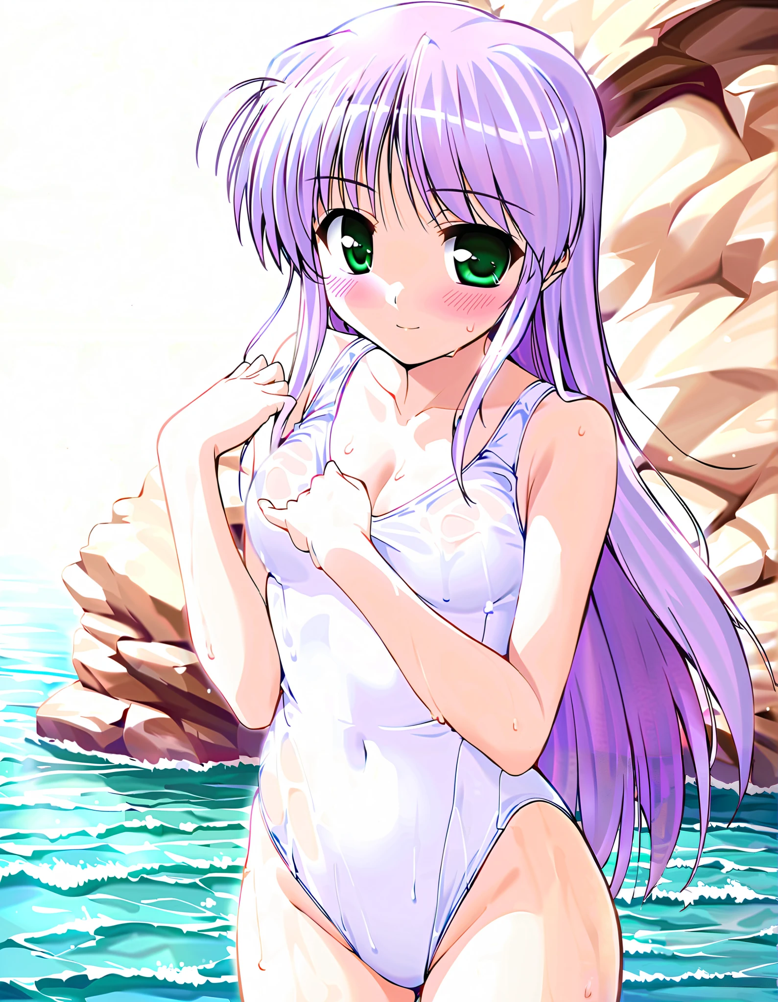 Alone, one girl, feena fam earthlight, (cowboy shot), green eyes, long hair, purple hair, small breasts, cleavage, ( White One Piece Swimsuit), (blushes), (shy:1.1), (smile), (Seaside), (wet:1.2), (The swimsuit is wet and see-through:1.2), score_9, score_8_up , score_7_up , source_anime, best quality