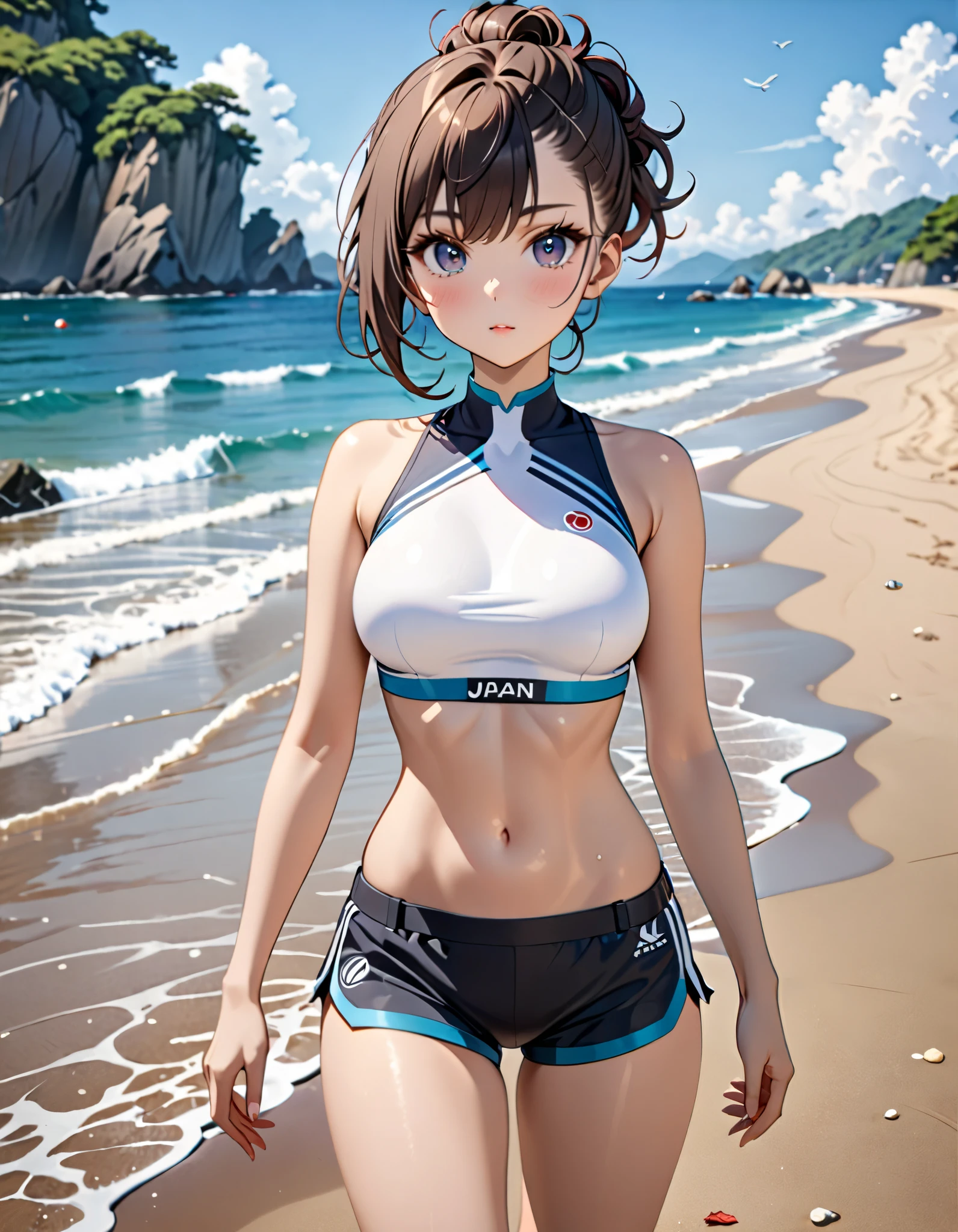 ((top quality, 8k, masterpiece: 1.3)), 1girl, cute Japan woman who emphasizes slender abs: 1.3, (random hairstyle, standard breasts: 1.2), uniform: 1.2, 1boyl, cute Japan person who emphasizes slender abs No: 1.4, (random hairstyle, standard breasts: 1.2), uniform: 1.2, beach, super detailed face, detailed eyes, Double eyelid