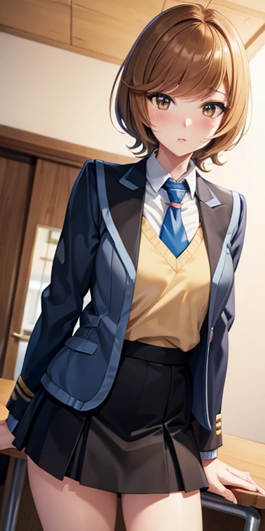 1 Female,High definition,high resolution,Ultra-realistic,8K, hmza, short hair, antenna hair, brown eyes, , blue necktie, (black jacket), yellow shirt,long sleeves,( black skirt),tight skirt , miniskirt,European,sexy,Upper body close-up,Photographed from the front,Dynamic Angles,blush, (big ), happy, wink the eye,facial, sweat ,(wide thighs:1.4),(stripped panties),(show panties),(pubic hair),(cameltoe),(from below)