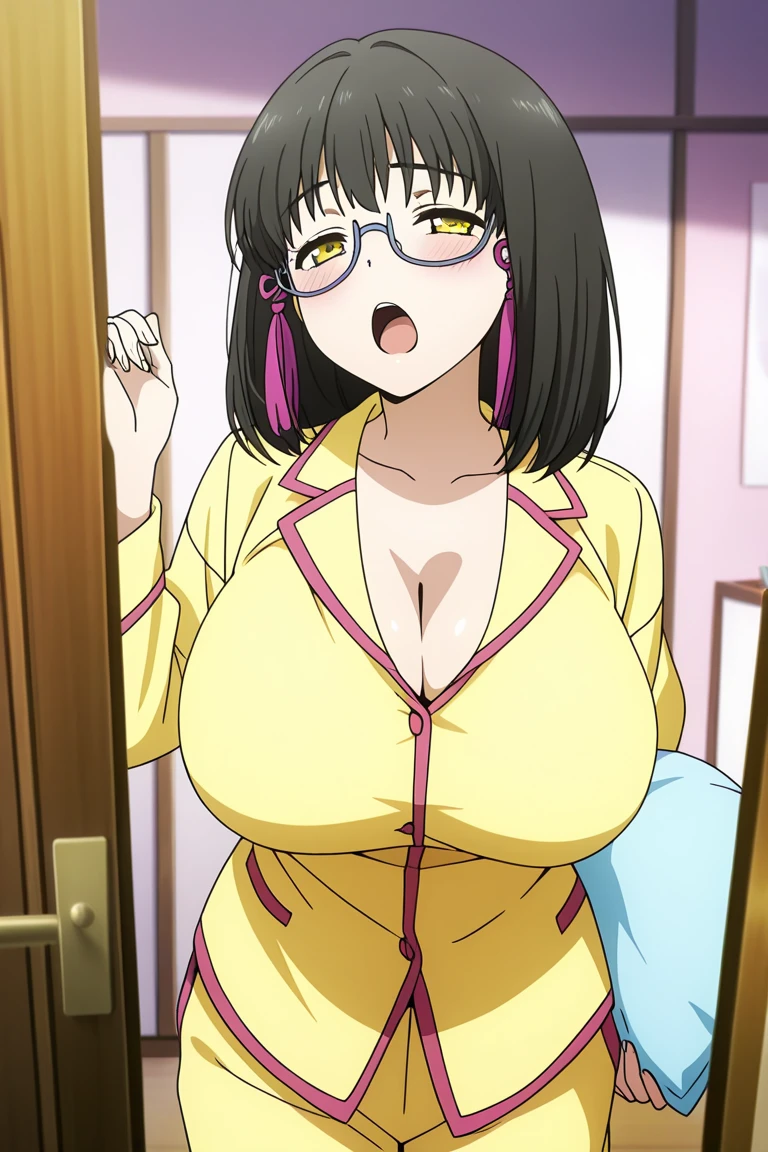 score_9, score_8_up, score_7_up, score_6_up, score_5_up, score_4_up, rating_questionable, , source_anime, digital illustration, pixiv, official art, BREAK, 1 girl, cute, solo, mizuki shibata, black hair, yellow eyes, glasses, medium hair, tassel, semi-rimless eyewear, under-rim eyewear, bluah, huge breasts, yellow highleg swimsuit, cowboy shot, looking at viewer, locker room,