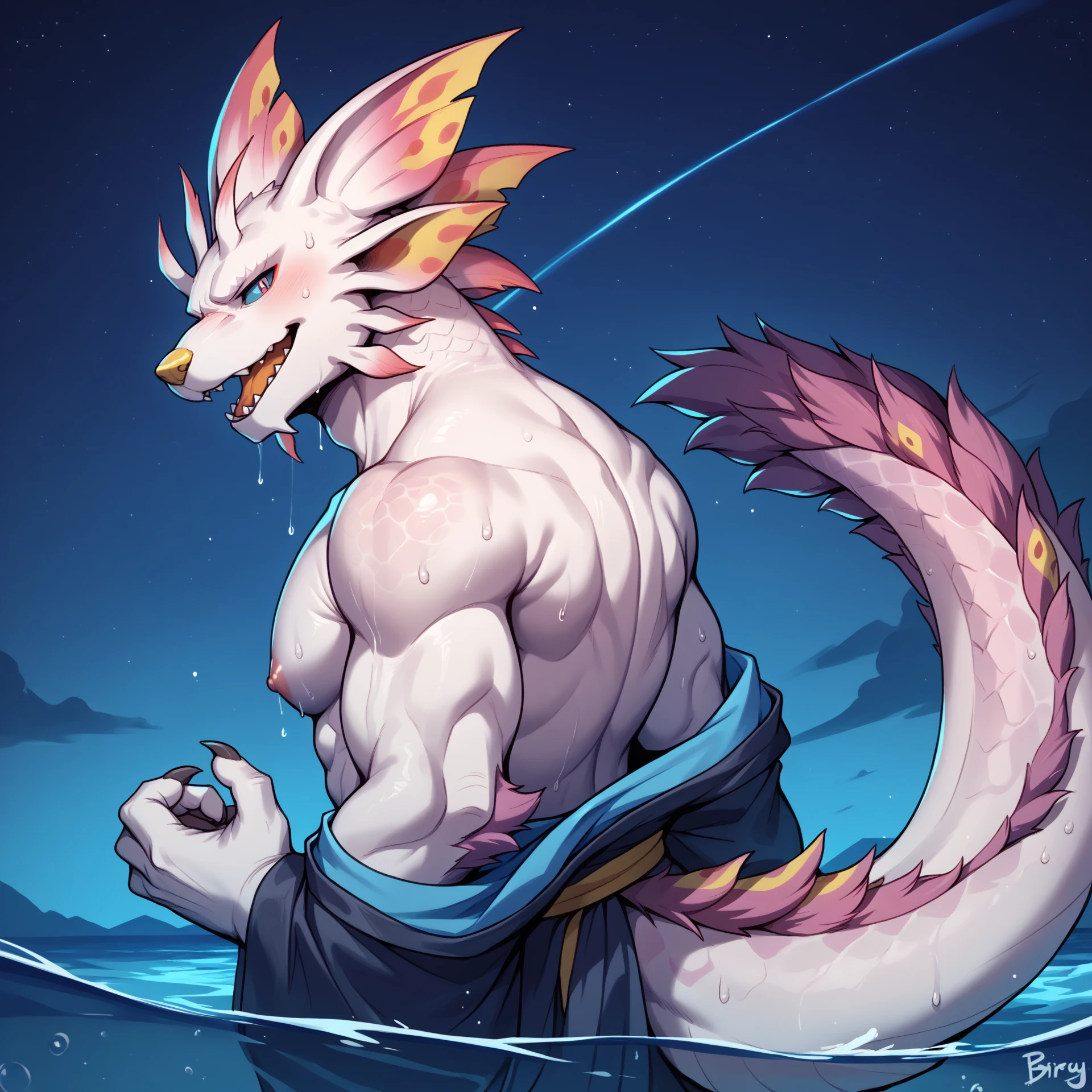 male, anthro, muscle gut, no abs, hyper, veins , strong, wide shoulders, wide torso, (kemono), (dragon), darkbrown body, scalie, scales, naked, white belly, white mane, big blue pupils, white brows, black horns, tail, bara, sad, ((tentacle, tentacle all over body, tentacle deep pentrate, tentacle in anal, anal sex, tongue out sideway, excessive cum)), ((red underwear, erection under clothing:1.6, excessive cum)), drooling, far view, beach, detailed background, light particles, hi res