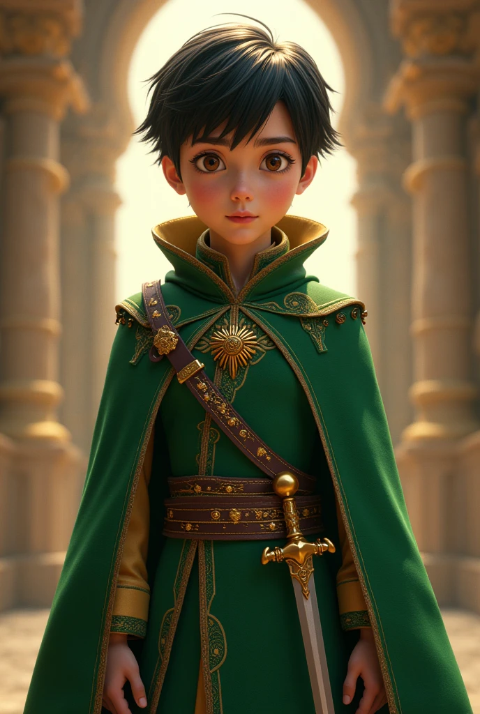 animated art, animated coloring, a boy wearing a Slytherin quidditch uniform, elbow protections, armor, Trausers, dark green robe, Witch's broom, Hogwarts, low angle, Muted colors, dark palette, misty twilight, (looking away, looking away:1.3)