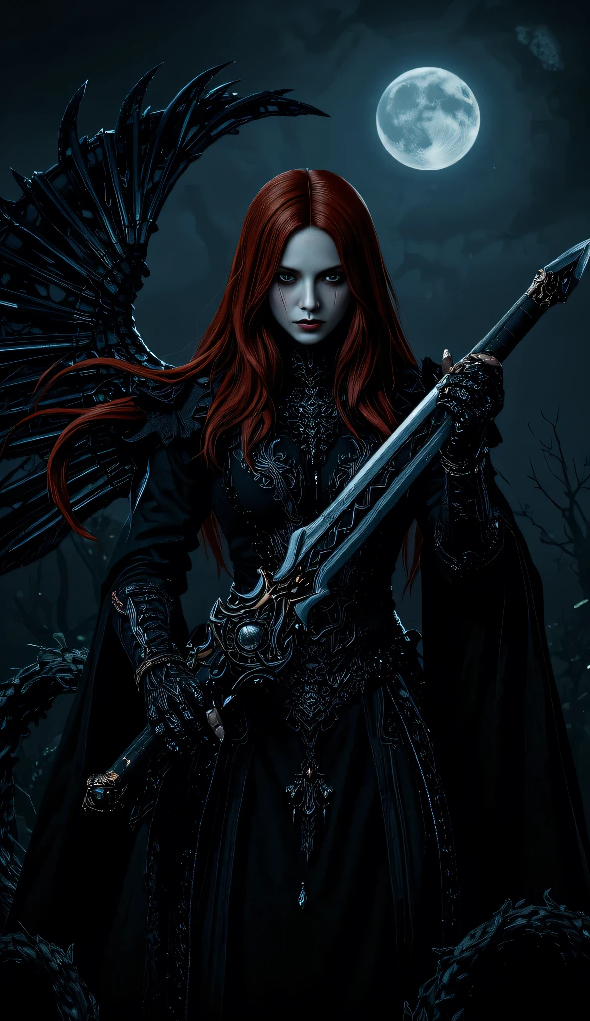 A woman with red hair and a sword in a dark forest - SeaArt AI