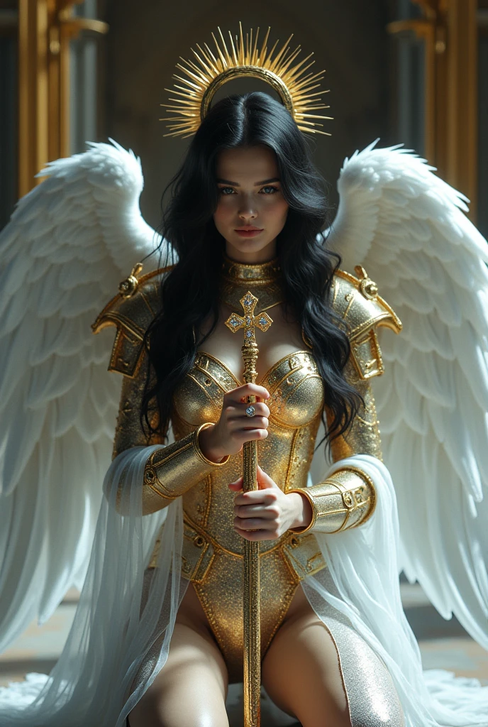 ((RAW Photos)), ((masterpiece)), Anthropomorphic humanoid angel girl in nun armor, Exquisite detail, running, A complex Greebles piece, Sea behind, Yellow wings, beautiful, Fine eyes and lips