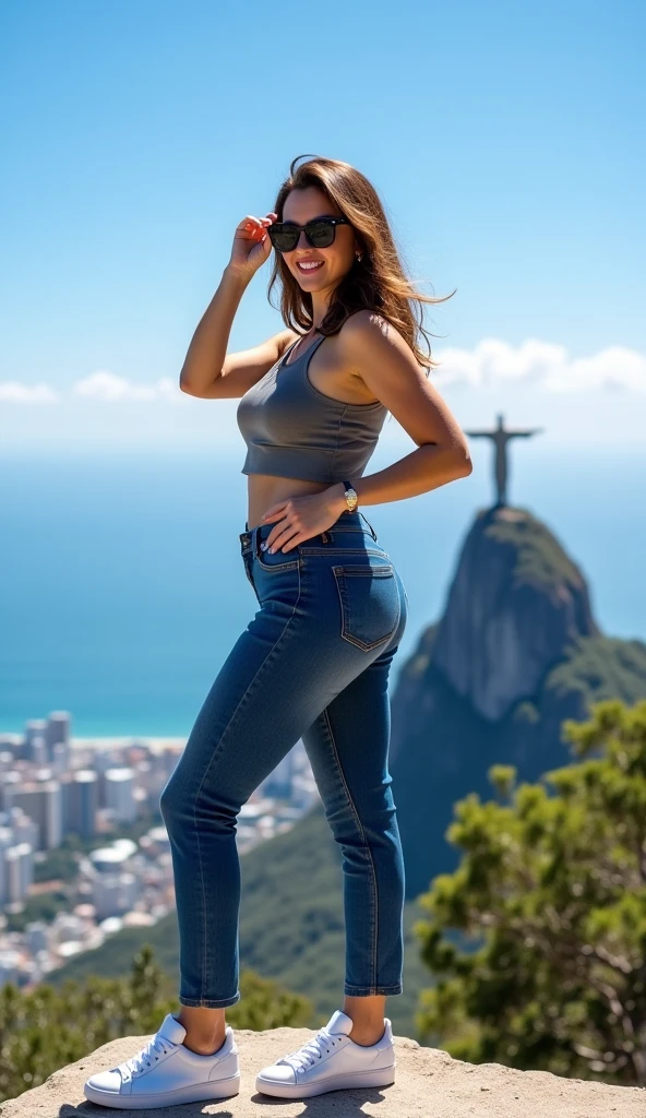 a beautiful girl in a bikini at the Cristo Redentor viewpoint, lush body, perfect legs, , rear view, back Lighting, intricate details, perfect photo, fine finish, vivid colors, 8K UHD, realistic photo, Strong lighting, panorama view