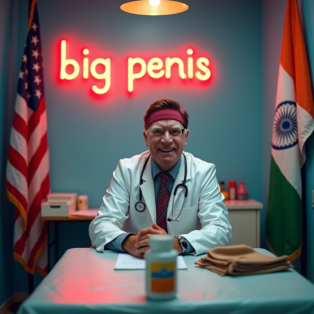 Handsome indian 30 years old masuculine bodybuiler GURJAR wear eye glasses with Pain is raging on the face, screaming with pain and making aggressive face expressions with eyes closed, the head is tilted back spiky hairstyle doctor with stethoscope in neck, doctor uniform, standing in clinic with nurses, His perfect( big huge penis) is (coming out) of his pant,masterpieces