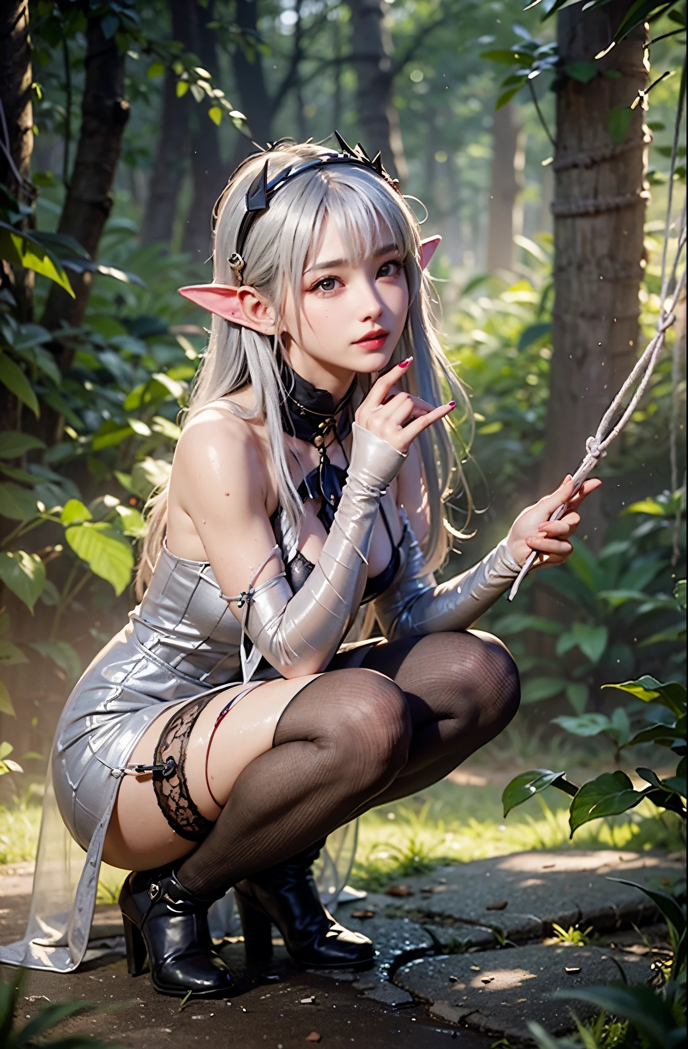 １girl.Elven girl is crouching with a large magic wand,beautiful as a fairy,Intelligent atmosphere look,stright long hair,silber hair,Elf long ears,Red Eyes,Slender and petite,tre anatomically correct,Accurate depiction finger,Scandinavian Mini Dresses,Black tights,Scandinavian boots,Hold a large magic wand with your right hand as if you were standing on the ground,,Sitting in the woods,Fantasy atmosphere,​masterpiece,high-level image quality,Dense,