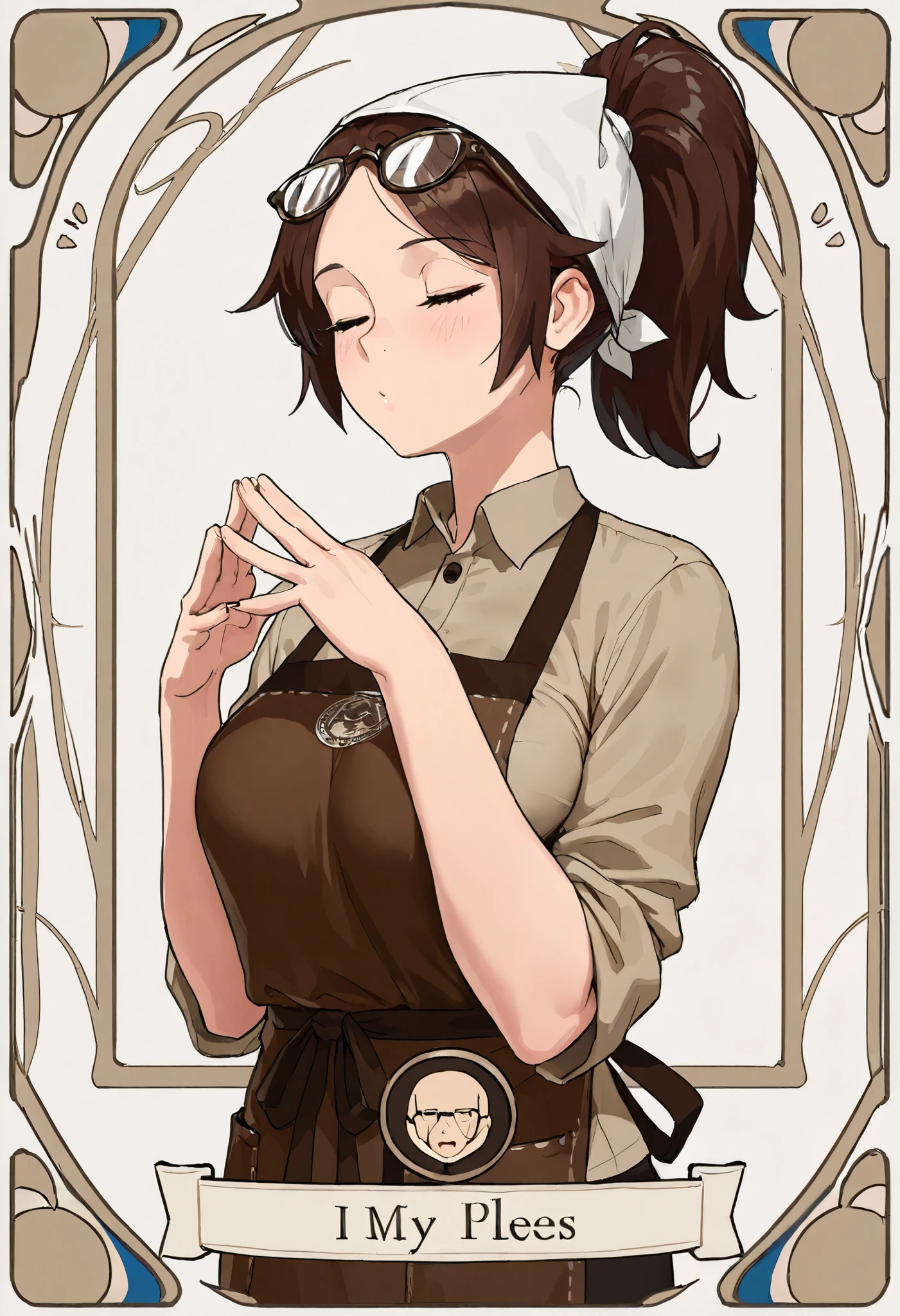(high quality),(masterpiece),(detailed description),(8k),perfect human body,tarot card frame, Hair,ponytail,I closed my eyes ,triangular hood on head,apron,brown work clothes,Modest breasts,beer glasses in both hands