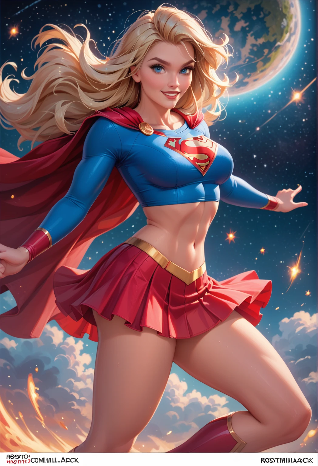 ((whole body view)), (SUPERGIRL is in outer space), (Lifting a large asteroid with your hands), (Complete DC Comics Superheroine), larhe breasts, outside, highlights your muscles and scars. The scenery is lush and mysterious, with galaxies all around you. The camera details everything. ((she has blonde hair, she has long hair)), (She has a confident smile, Heroic pose), (His attitude is fearless), (She has an arrogant personality).