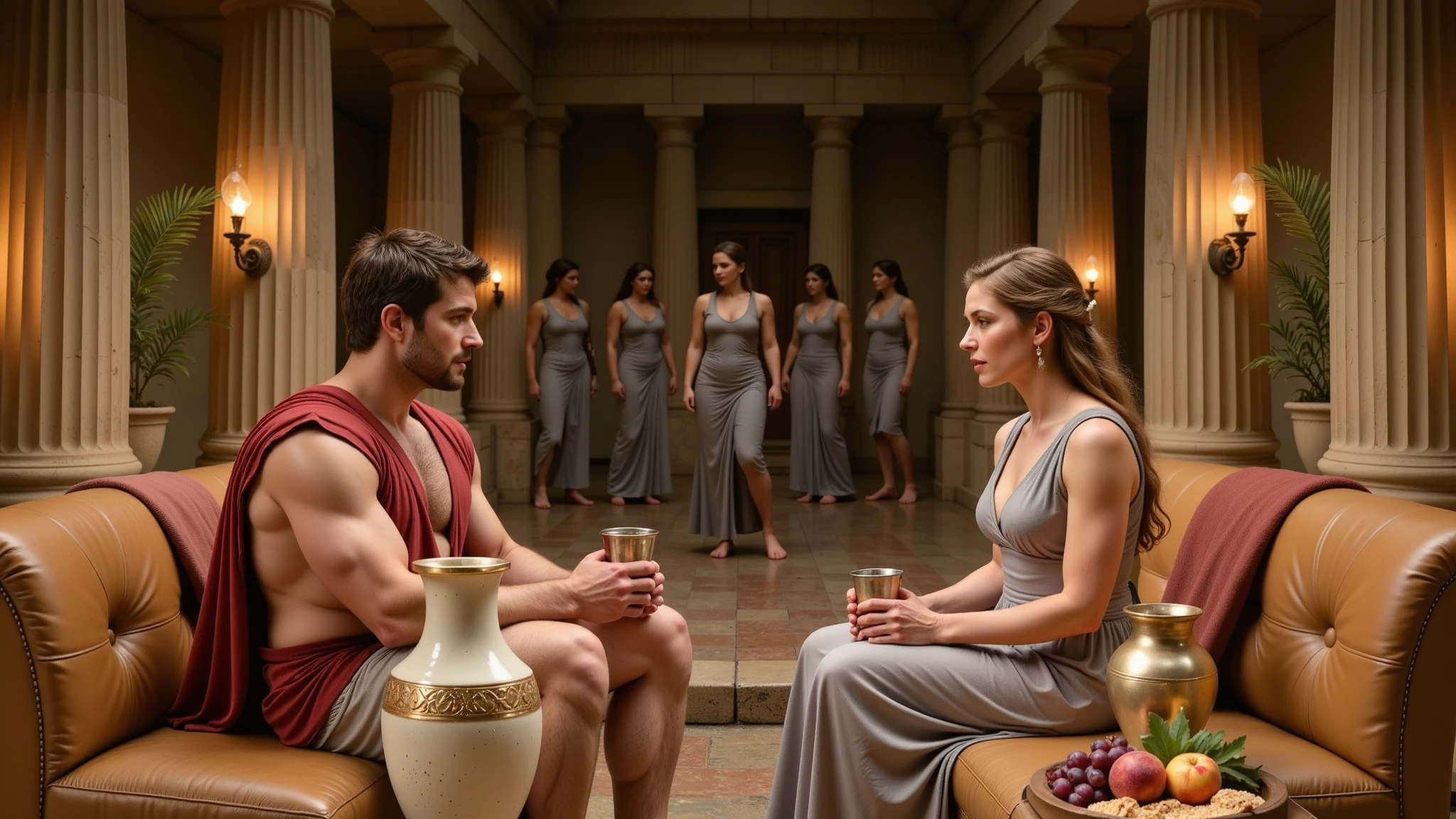 A realistic night scene in the hall of an ancient Greek palace, lit with torches. In the center, Hercules is sitting on a couch talking to Queen Hippolyta. Both are holding silver cups. The image is high definition and ultra-realistic, like a scene from a movie. Perfect Hands. A night scene in the hall of an ancient Greek palace, lit with torches. In the background, women are dancing. dancing like odalisques. The women wear Greek tunics. Beside them are amphorae of wine and a small table with Grapes, peach, fruit and bread.
