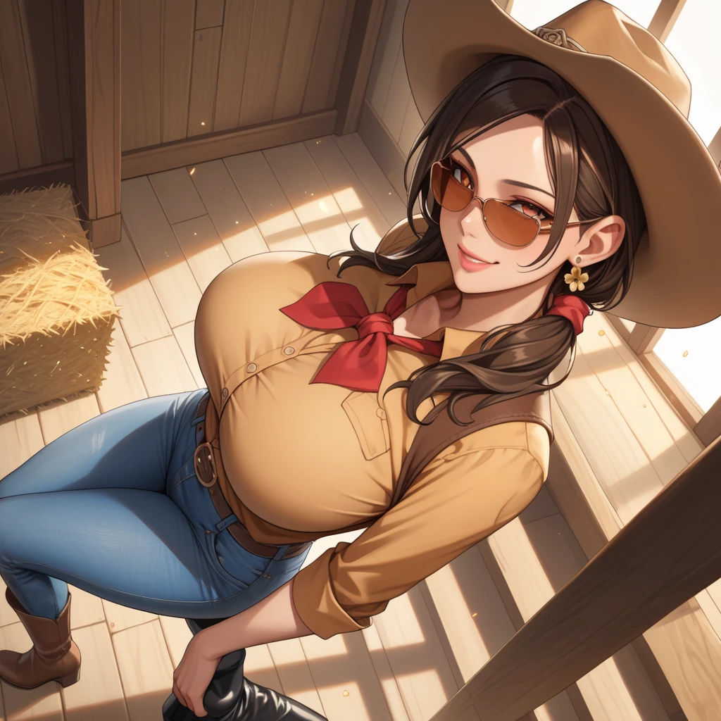 perfect face, perfect hands A brown haired female cowgirl with copper eyes with an hourglass figure in a conservative cowgirl outfit is drinking coffee in the sheriff's office with a big smile