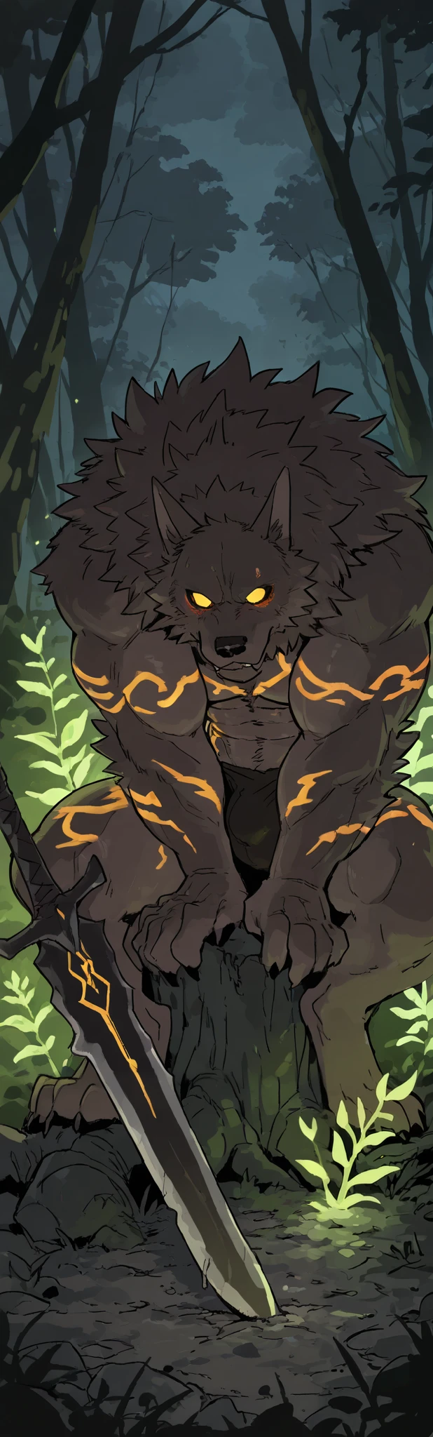 man,gray white tiger,long hair,ninja costume,gray scarf,tough,forest background,naked,Show your butt