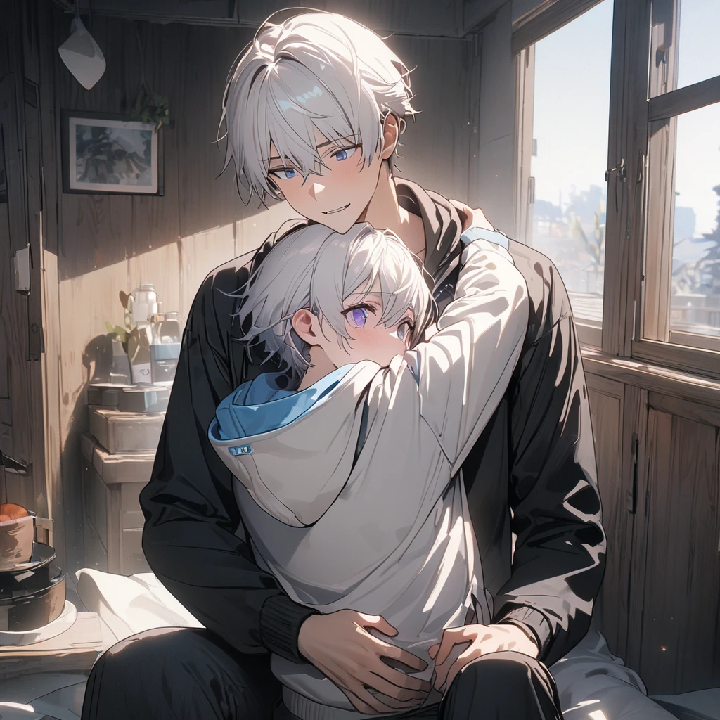 Anime boy holds a baby in his arms while standing on the street., artwork in the style of Guvez, Guvez, Tall anime guy with blue eyes., anime cover, guys, Highest rating on pixiv, anime boy, Manga cover style, Two handsome anime guys, pixiv daily ranking, Manhwa, Guvez on pixiv artstation