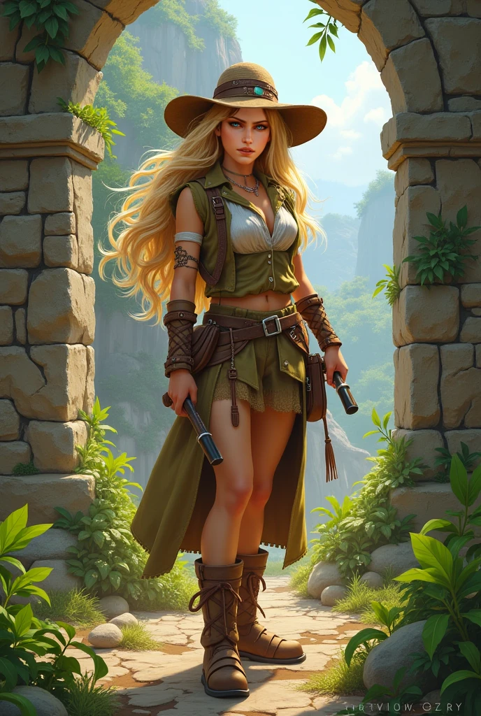 woman ranger dark coat embroidered with dragons long golden hair jungle