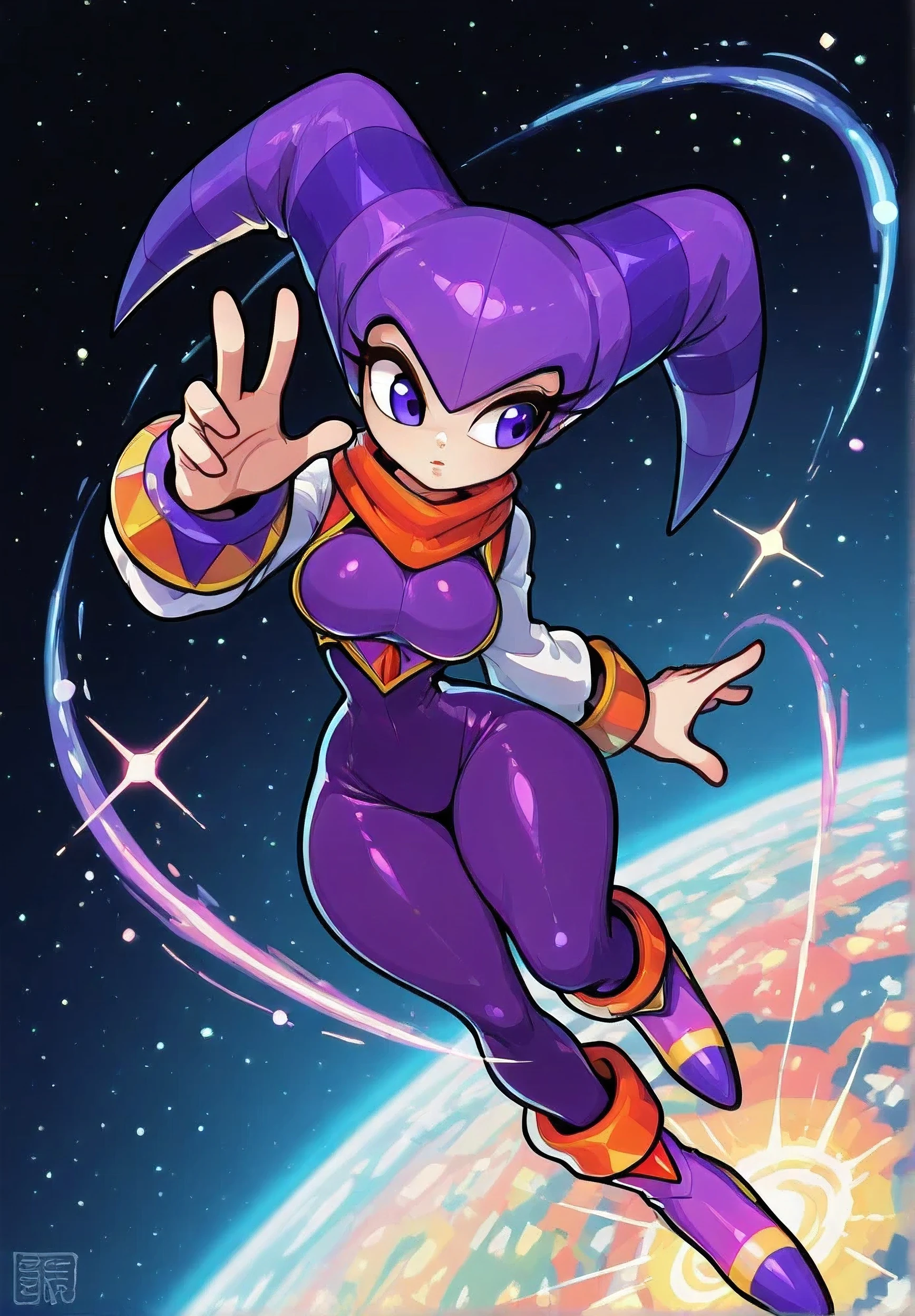 score_9, score_8_up, score_7_up, (((1girl, solo))), dynamic pose, shading, sharp focus, raytracing, 23yo, Elliot_Edwards_\(NightsintoDreams\), Purple eyes, jester, jester hat, lush lips, (long lashes), ((thin waist, wide hips, thick thighs)), big breasts, (((Purple bodysuit))), staring into the distance, (((Nights into Dreams art style))), Nights, (((floating in space))), ((Masterpiece)), ((highres))