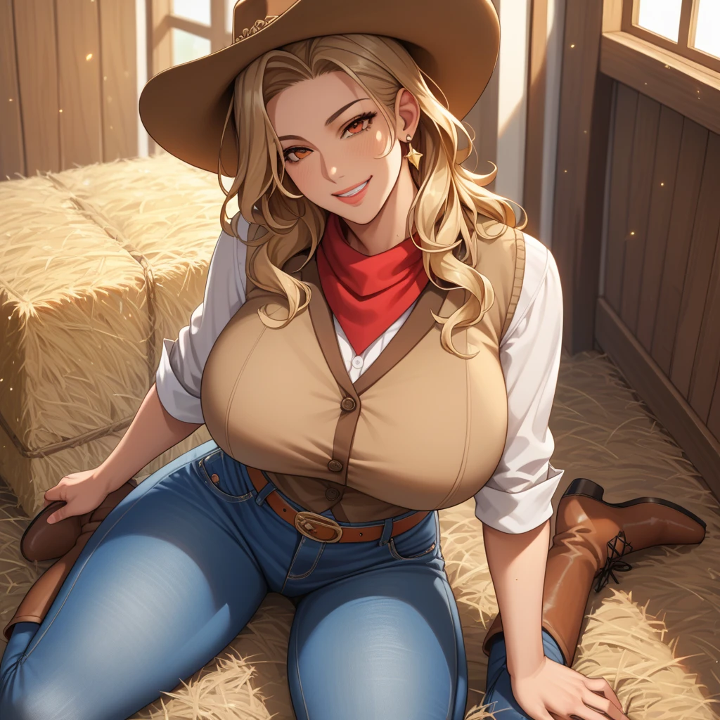 (best quality, ultra-detailed, realistic:1.37), outdoors, girl, muddy, beautiful detailed eyes, beautiful detailed lips, cowboy hat, fringed vest, pants, scarf, confident, mid-chest, dusty farm scenery, golden hour lighting, full body (NSFW breasts), hdri, extremely naked, nude, nua, pelada, nsfw, gigantic breast 1.9