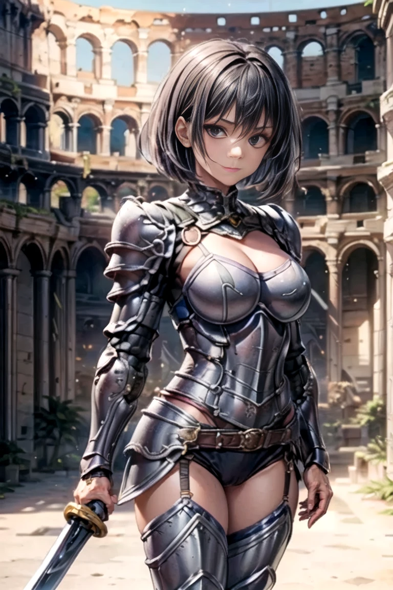 Sexy 20 year old British girl, you can sort of see that in your cold stare, hair on the other hand is brown pixie cut, againts the wall, fantasy warrior,golden armour, cursed armour, belts and buckles, cursed glow in armor