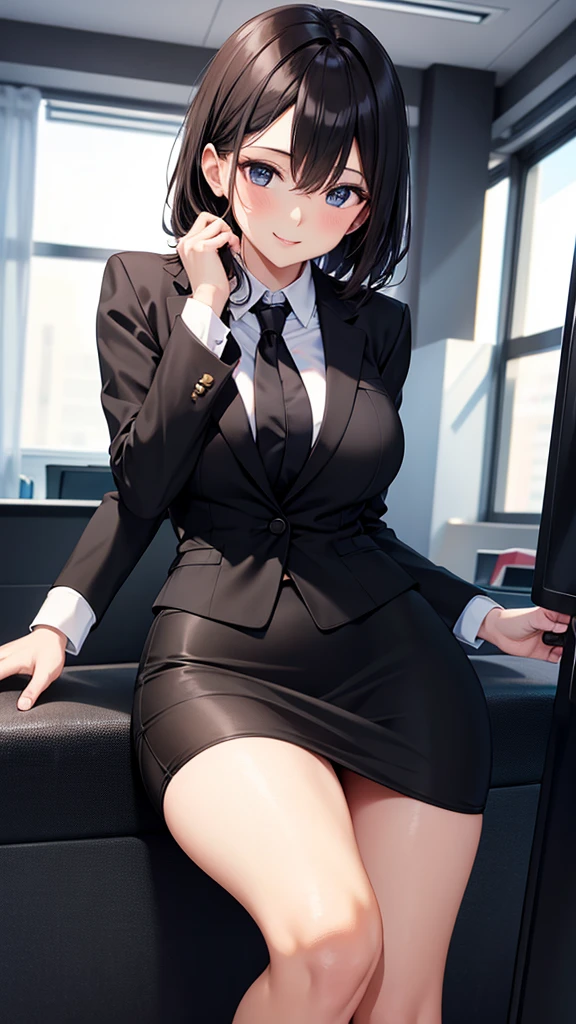 Erica、Pokémon、Black Hair、Short Hair、((pantyhose))、Photo from below、Medium chest、Bedroom、One girl、((Cabin attendant))、Pencil Skirt