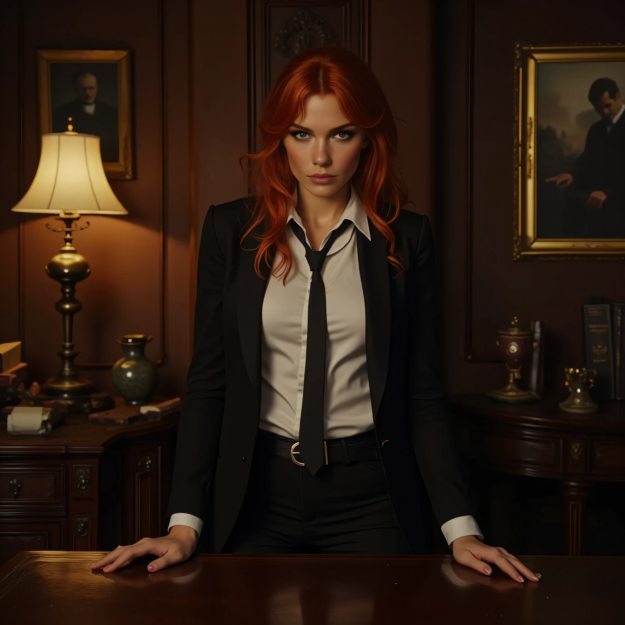 ""A dimly lit, vintage office with wooden furniture, warm lighting, and an old-fashioned desk. A confident red-haired woman with striking features stands behind the desk, leaning slightly forward with her hands on the surface. She wears a white button-up shirt, a black tie, and a tailored black blazer draped over her shoulders. Her gaze is intense and determined, as if she is deep in thought about an important case. The room features antique lamps, old books, and framed portraits in the background, evoking a noir detective atmosphere."