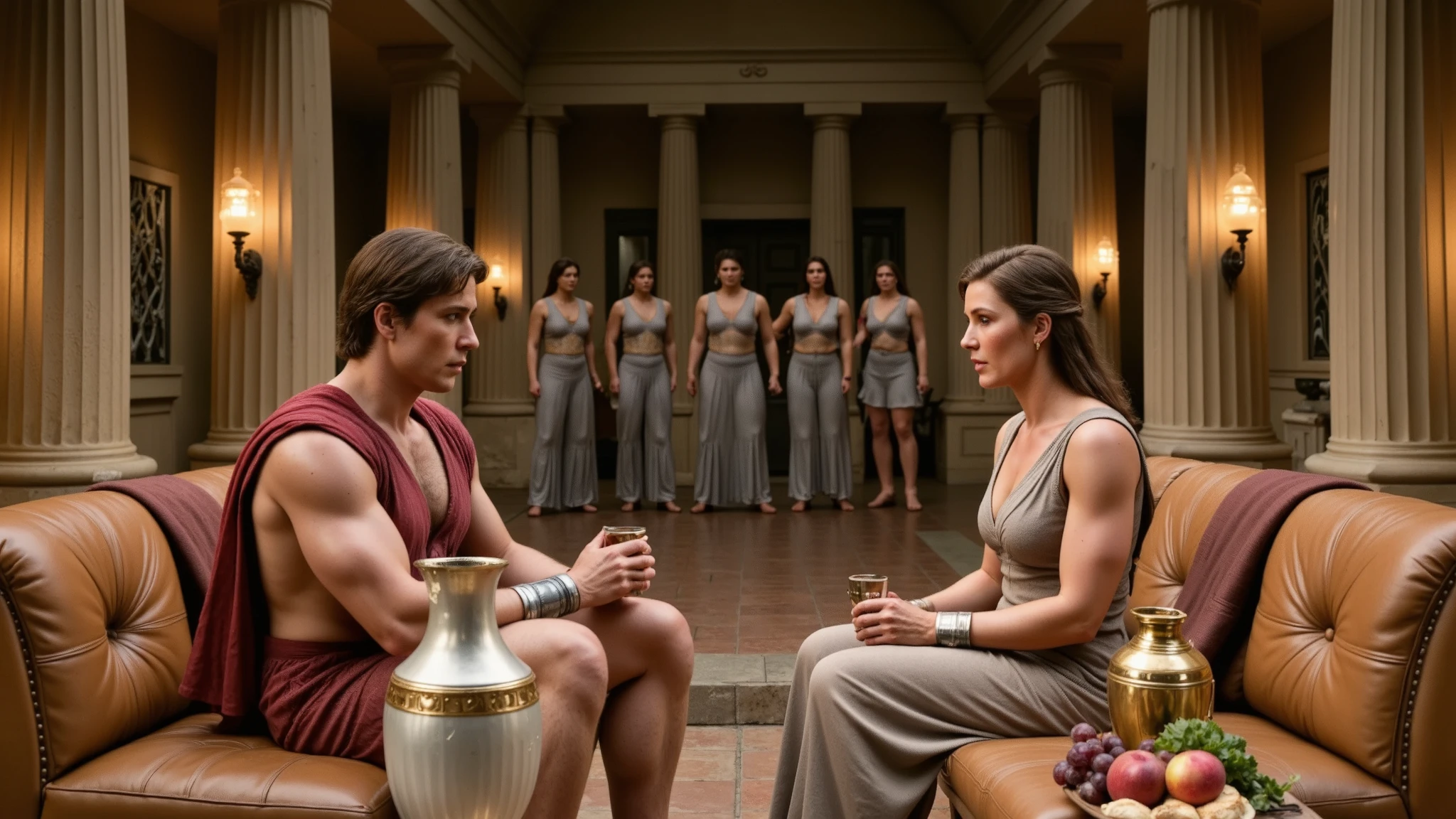 A realistic night scene in the hall of an ancient Greek palace, lit with torches. In the center, Hercules (Kevin Sorbo) is sitting on a couch talking to Queen Hippolyta . Both are holding silver cups. The image is high definition and ultra-realistic, like a scene from a movie. Perfect Hands. A night scene in the hall of an ancient Greek palace, lit with torches. In the background, women are dancing. dancing like odalisques. The women wear Greek tunics. Beside them are amphorae of wine and a small table with Grapes, peach, fruit and bread.