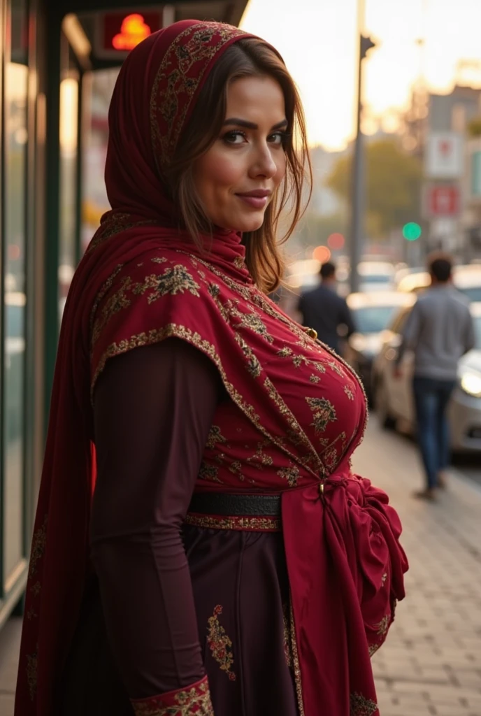 Muslin woman, with 4. She looks arabic. She wears a red hijab and a muslin clothe. She is a little bit overweith. Shes at London, in a street full of people