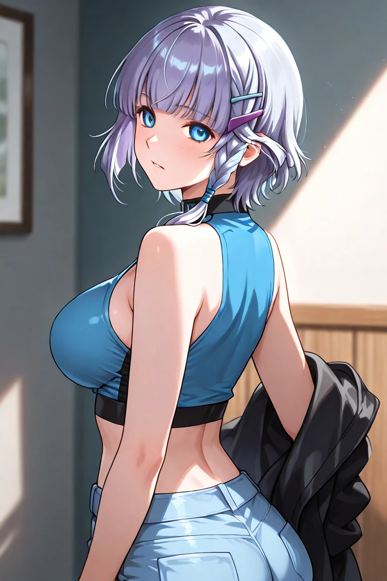 ((tmasterpiece)), best qualtiy, illustratio, The is very detailed, Off_Shoulder,dampness, (see through_White_Colorful_Lettered_tee shirt),Silver Bob hair,Pink_flower_hair pin,Blue_Eyes,navel,The Arm_arms cuffs,Star pendant earrings,pleated_Miniskirt,Gorgeous light and shadow,dynamic angle