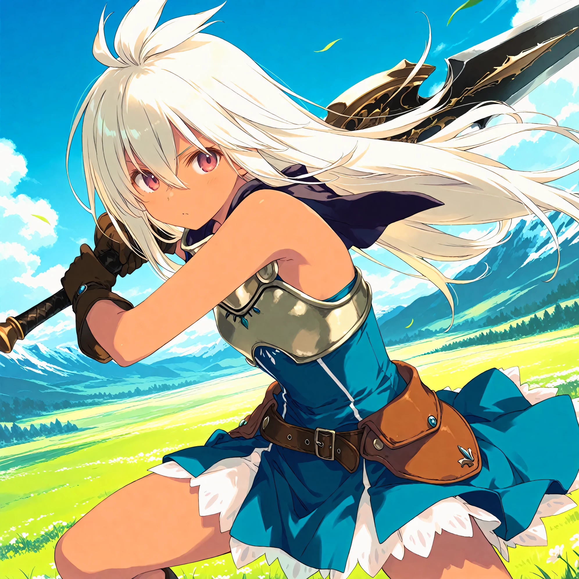 (masterpiece), (best quality), (ultra-detailed),(artist:mitsumi_misato),artist:fujiyama,artist:kokonoka,1girl, zooey, dark-skinned,stance,holding weapon, outdoors, wind,fantasy,very aesthetic illustration