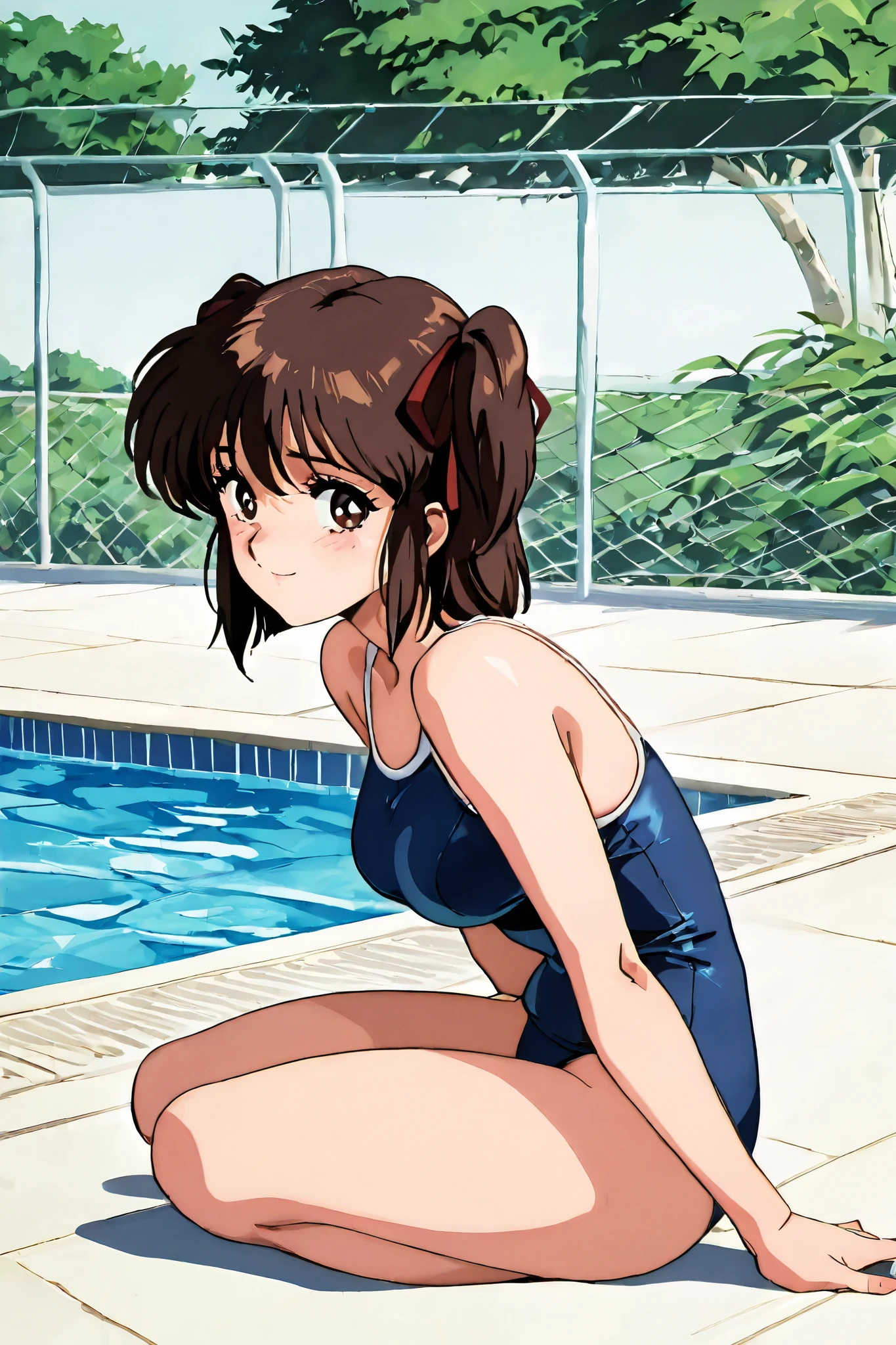 kayo,dark brown eyes,dark brown hair,two side hair,shoulder-length short hair,hair tied thin red ribbons,labiomental sulcus,nose shadow,lower lip shadow,masterpiece,best quality,amazing quality,score_9, score_8_up, score_7_up, source_anime,retro art style,1 girl,solo,smile,watery eyes,shy,whole body,full length,blue swimsuit,day,pool,from side,side view