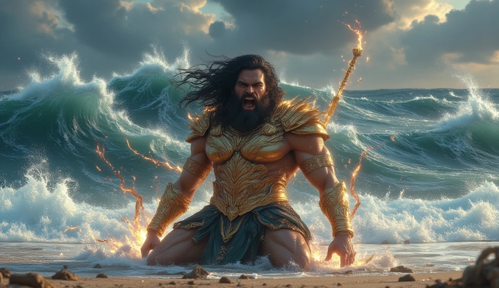 Muscle male mermaid, merman, muscles, male bodybuilder, male body, back, handsome face, blue mermaid tails, beard, black longhair, jumping from water, water twister, rocks, wallpaper