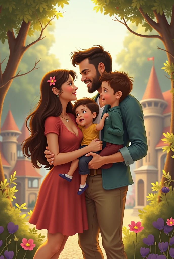 family of 3 people, an adult couple and an 8-month-old baby. The father is in the center, he is the tallest, big and strong, shaved bald hair and has a medium black Viking-style beard, with light brown eyes and a big smile. The father is holding the 8-month-old baby in his left arm. The eight-month-old baby has dark blond hair and big dark blue eyes. The mother has light brown hair and light brown eyes, her hair tied up and a beautiful smile, she is very beautiful and elegant. Character should be colorful and have a fun, friendly look, with exaggerated, expressive features.  Pixar style