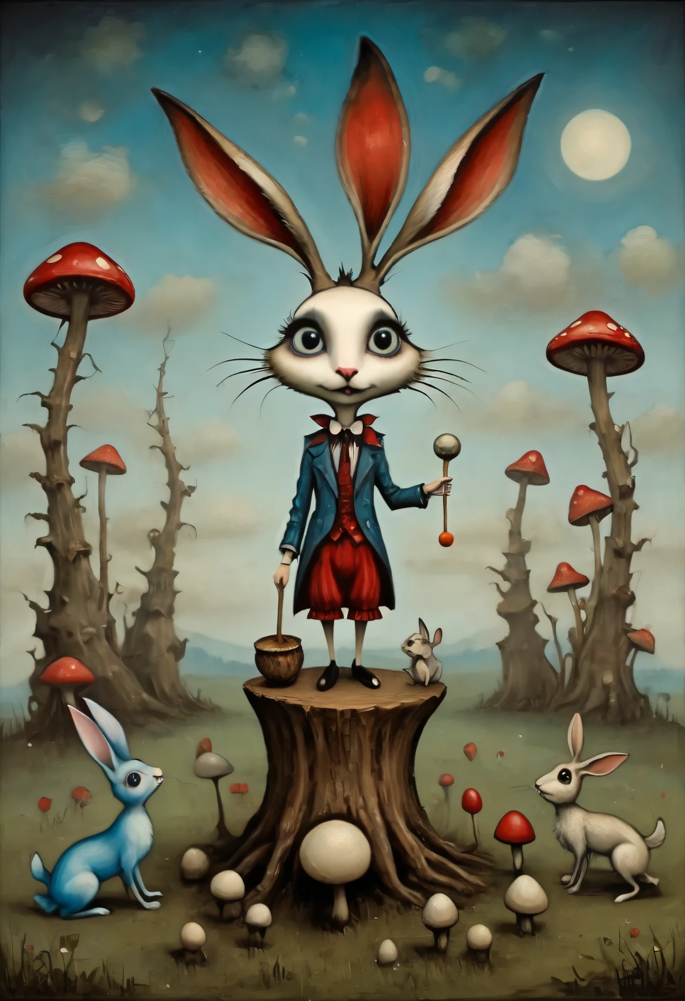 A psychedelic painting in the style of Esau Andrews and
Tim Burton, a very thin and long cartoon hare with thin legs and arms sits on a high stump at the top, the hare knocks on a drum, long black ears, the hare has (large) round (blue eyes) looking at the viewer, light blue fur, fur is shown in detail, red anthropomorphic mushrooms with legs and they look at the hare in surprise, style (Esau Andrews:1.555), (Mark Ryden: 1.5155), (Xue Wang: 1.1155), (Tim Burton:1.4455), surreal oil painting, Author: ESAO, Southern Gothic, artistic style, Yana Brick Art, magical realism painting, pastel tones, clear lines, fine details, described in detail, swirling patterns, abstract shapes, surreal, Trippy