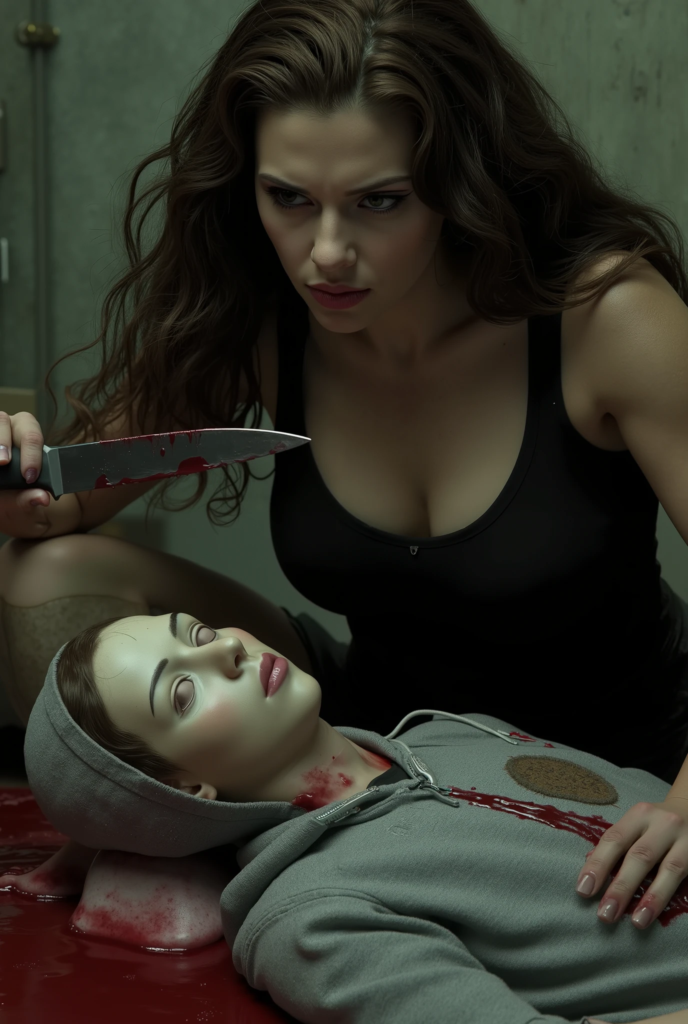 Realistic, A Very beautiful woman, woman very thick hair, boy hoodie, woman kill boy, woman very big breast, woman slaughters boy neck like a lamb, boy neck is flowing with blood, woman knife, boy dead, boy full face mask