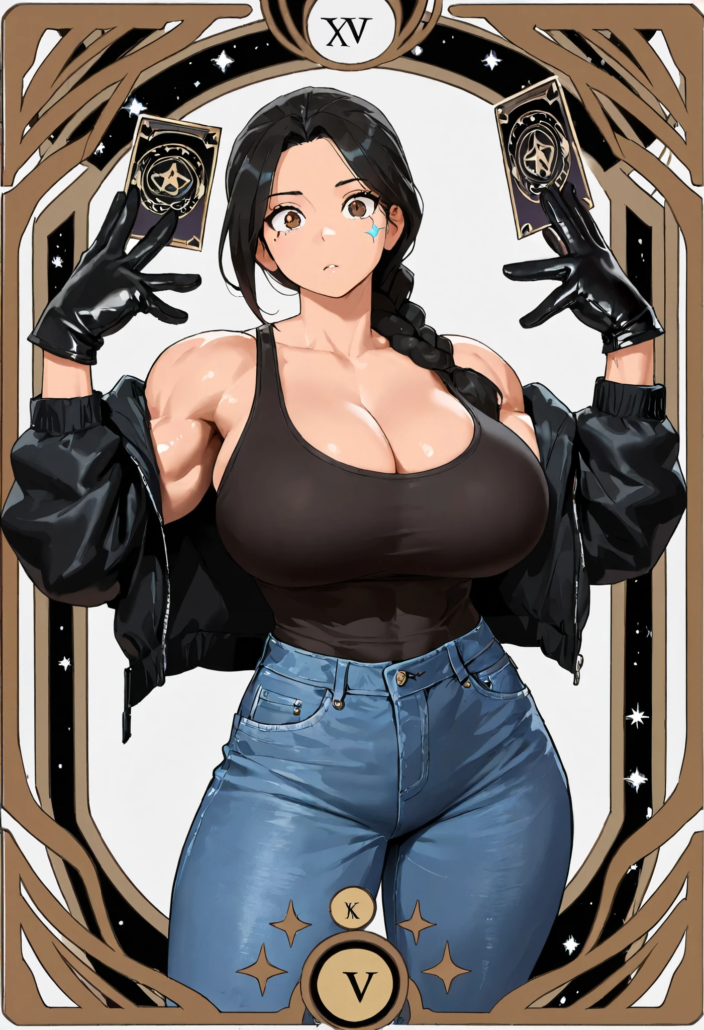 (high quality),(masterpiece),(detailed description),(8k),perfect human body,Tarot Card Frame, muscular,Big Breasts,black hard jacket,tank top,Stars in my eyes, Finger Opening Gloves , denim jeans,Braided Ponytail, black hair,brown eyes,no expression