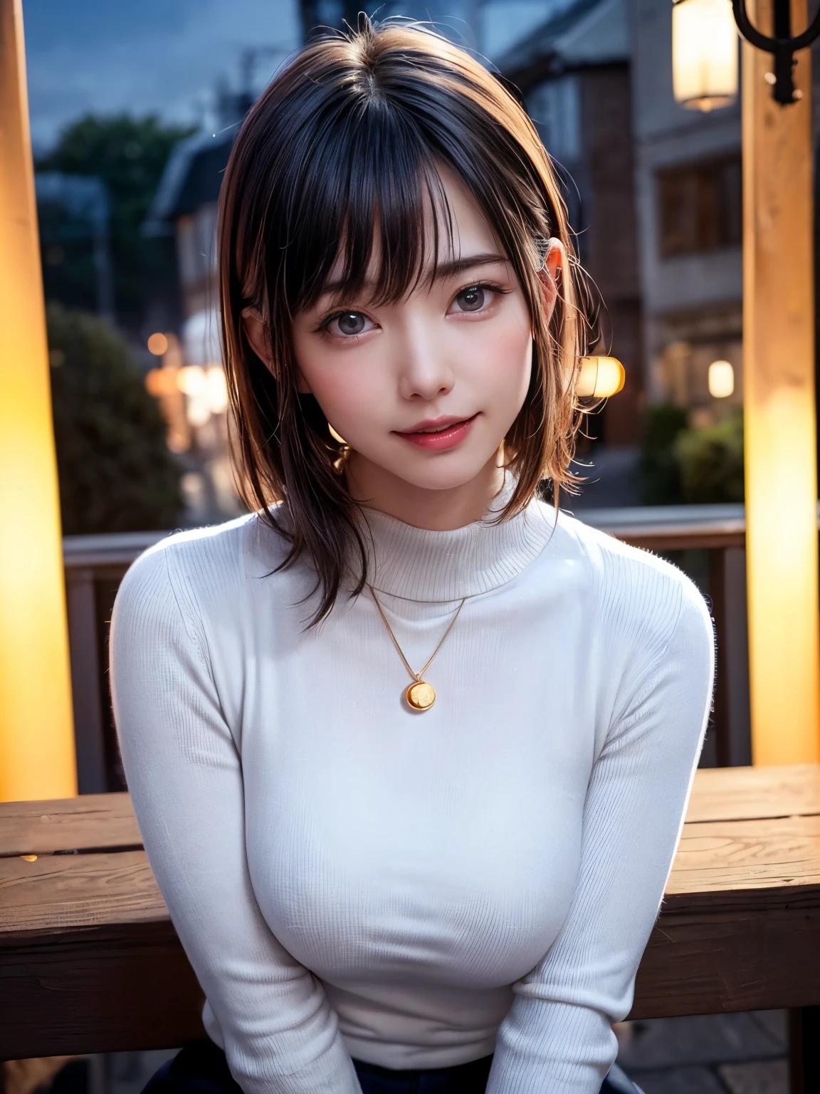 table top, highest quality, 8k, 8-year-old, 10th generation, primary school student,young face,RAW photo, absurd, award winning portrait, smile, blush,alone, (night:1.8), idol face, delicate girl,delicate body, Upper body, Digital single-lens reflex camera, looking at the viewer, Frank, Sophisticated,thin arms, thin body,tap on the shoulder,professional lighting, film grain, chromatic aberration, (Eye and face details:1.0), black haired , shortcut,bangs,drooling eyes , moderately large breasts,valley,knitted clothes,white knitwear,texture,overexposure,Shoulders are sticking out,tight clothes,(off shoulder),胸のvalley間,I can see your breasts,((shoulders look nice)),((valley間が見える)),Fabric area is reduced,highly exposed,she wants to see her skin,((胸のvalley間)),(Upper body),