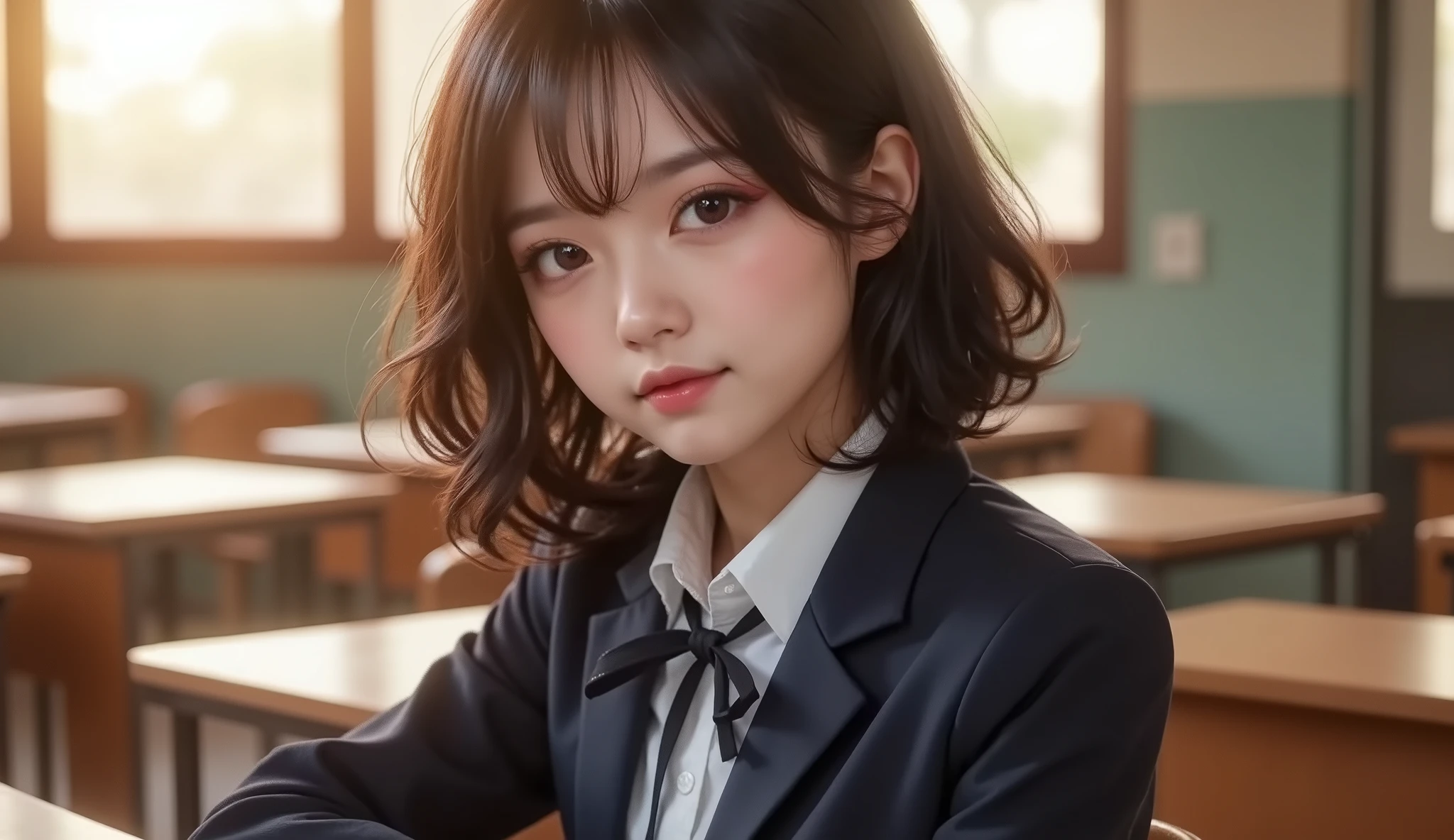 8k,ultra high definition , top quality, masterpiece,rule of thirds,golden ratio,surreal,pictures, One Woman,( girl:1.3),cute,cute顔, Beautiful Eyes in Every Detail , 細かくdetails,mature women,princess,upper body,smile, black hair,Wavy bob,ID photo, luxurious and beautiful ,(A Famous Japanese Idol Girl),(((wiping tears))),(( dark blue blazer uniform:1.3)),((ribbon,white blouse)),Urban area,classroom,((beautiful sunset )),(Golden Hour),((1 female)), Height: 160cm ,( thin waist:1.4)、( Beautiful :1.4), pink lips,profile,((( ideal figure))),Small bust, A cup :2, portraits:2、 perfect anatomy 、鮮明な details、 details,thin lips,Perfect and beautiful face ,完璧でcute顔, meticulous skin , perfect limb,thin waist, surreal,Light and Dark, Fashion Magazine Cover ,backlighting