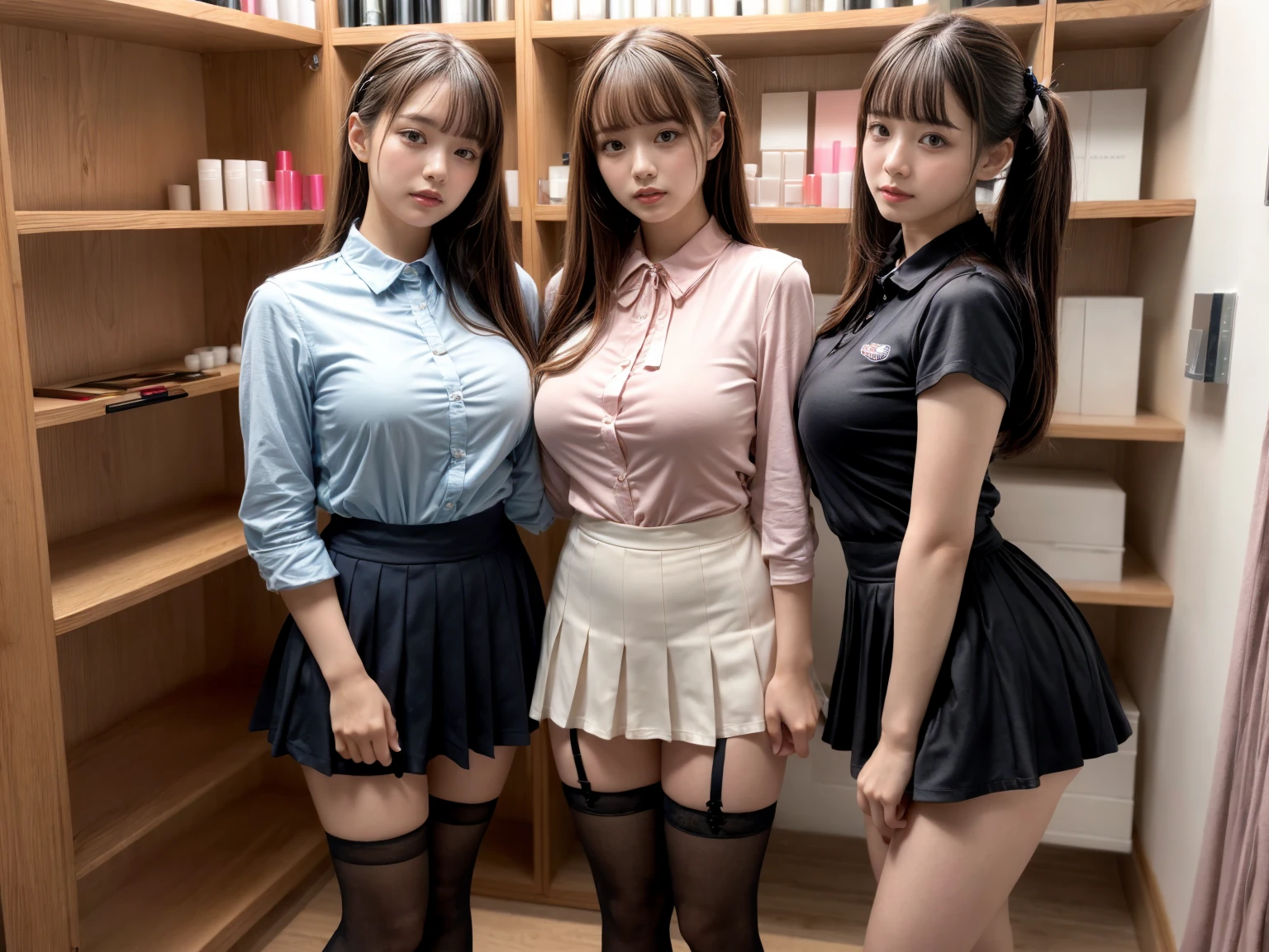 masterpiece, best quality, illustration, Super detailed, fine details, High resolution, 8K,wall paper, perfect dynamic composition,(Details High quality, realistic depiction of eyes:1.3), (3 girls), (white school shirt :1.2), (plaid skirt :1.3), tie black, black thigh-high stockings, sitting, open legs, short bob hair, in a hotel room in the background, deep on field, large breasts, black hair color, Big Natural Color Lip, (perfect body shape), crying a little、Harajuku style、20 year old girl、cute type、beautiful legs, Gravure Idol