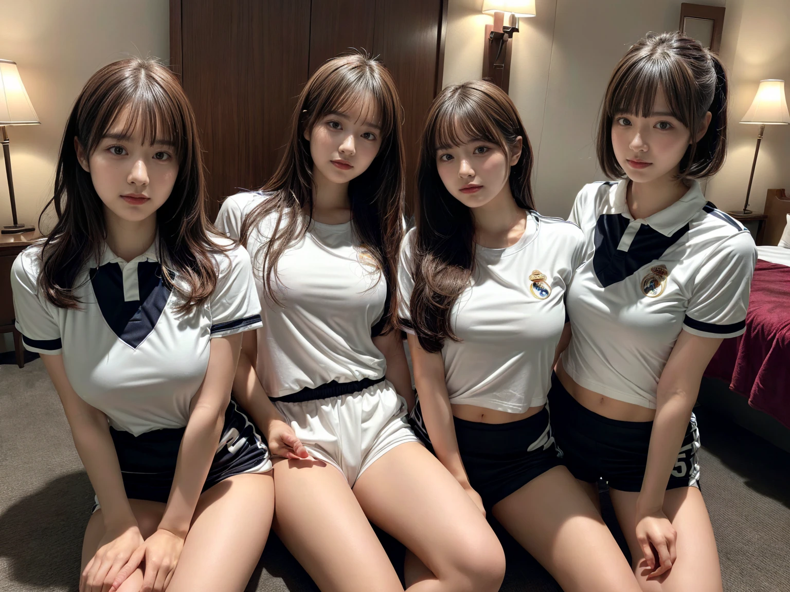 (RAW photo, 4k, masterpiece, high resolution, extremely complex) (realistic: 1.4), cinematic lighting
 ((2 girls)),Slam Dunk's,blushing,((innocent)),(Dark makeup),bright eyes,round eyes,blunt bangs,(straight hair:1.3),black hair,large breasts,wide hips,Summer Noon, 20 year old girl、cute type、lolita,Hot, (Best Quality), (Highres), (an Extremely Delicate and Beautiful),(Beautiful 8k face),(Brown eyes),short bob hair,( spectators),(gigantic breasts),(Play with each other,Touching each other's bodies,Touching the body),((Baseball Uniforms), a miniskirt, Toned buttocks),(reality),bright lighting,(The background is a luxury hotel room)