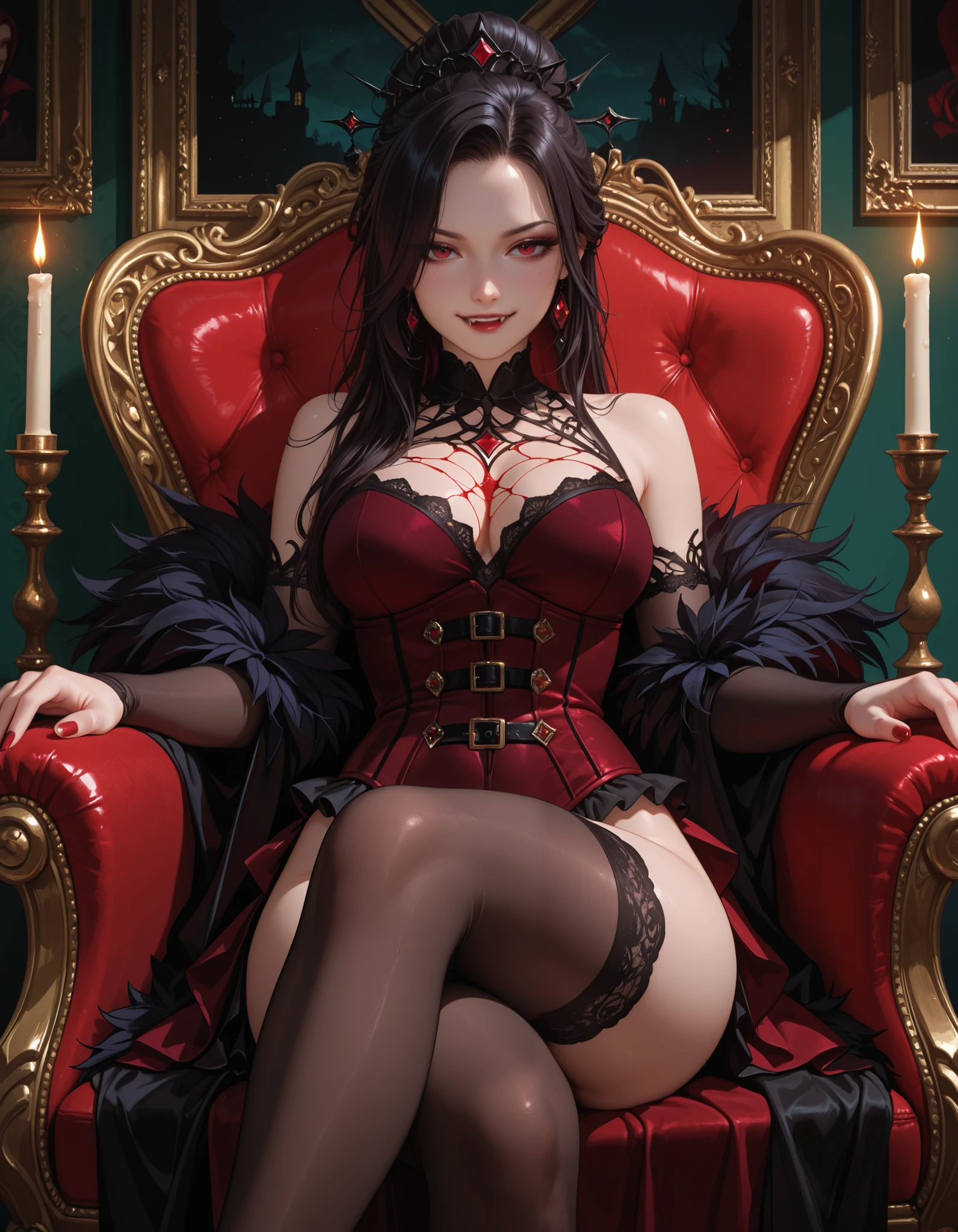 1girl, black_hair, long_hair, breasts, sitting, solo, horns, very_long_hair, bare_shoulders, dress, looking_at_viewer, barefoot, cleavage, crossed_legs, nail_polish, gloves, black_dress, red_nails, wings, thighs, large_breasts, wide_sleeves, bird, toenail_polish, bangs, throne, smile, detached_sleeves, feet, indoors, feathered_wings, crow, mole, jewelry, mole_on_breast, red_eyes, elbow_gloves, feathers, red_flower, bare_legs, head_tilt, long_sleeves, collarbone, hair_between_eyes, hair_ornament, full_body, yellow_eyes, medium_breasts, closed_mouth, steaming body, fog,