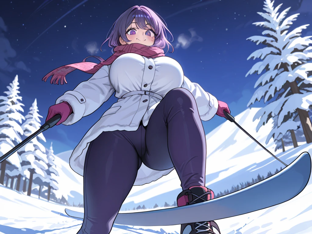 masterpiece, highest quality, High resolution,  short hair， Short skirt、Drooping eyes，Outdoor，barefoot，Looking up，Embarrassed face，Angle from below、Big Breasts，Spread your legs、wear ski wear、White underwear、See-through、Pink Hair、White knee socks、Peace sign next to face,snow