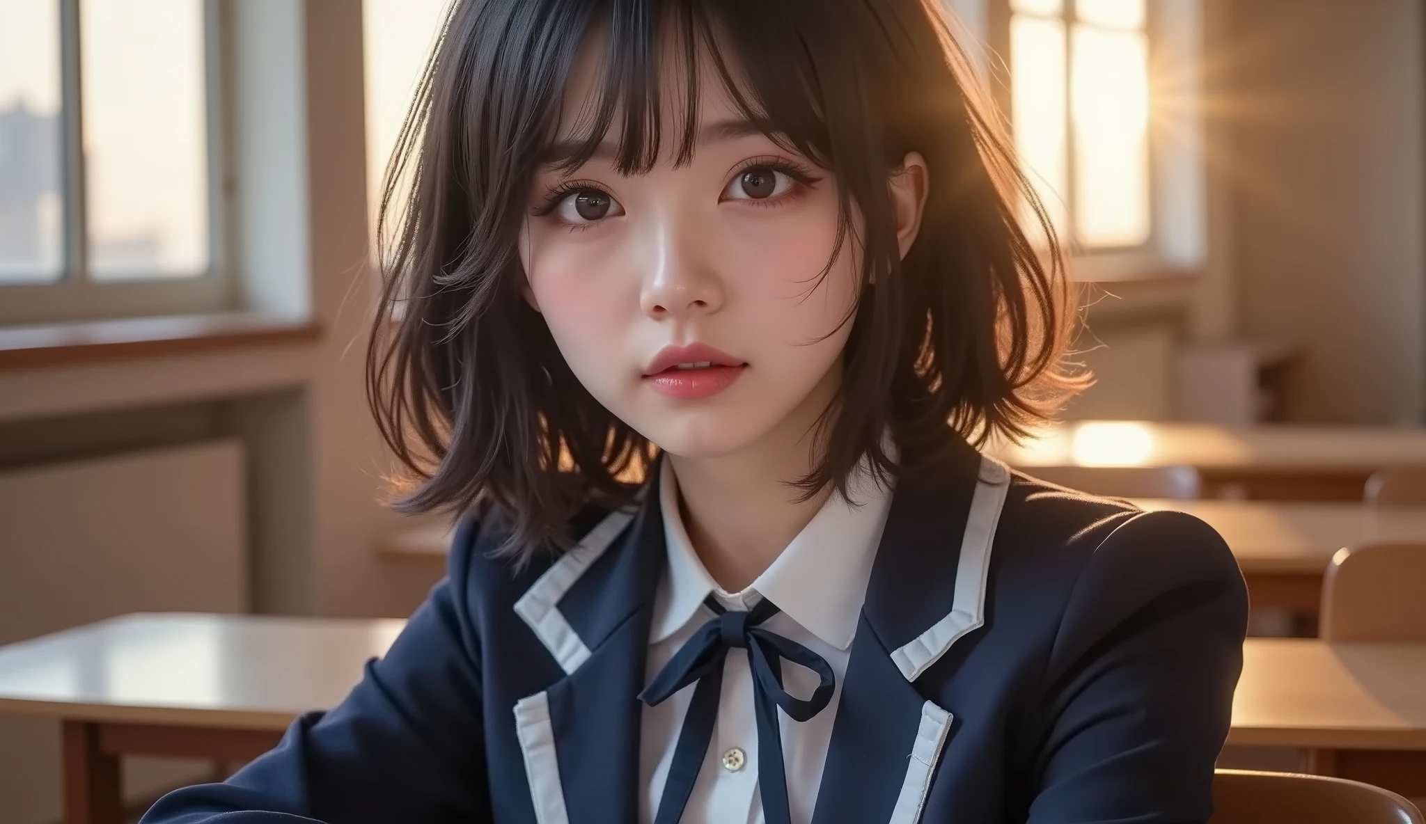 8k,ultra high definition , top quality, masterpiece,rule of thirds,golden ratio,surreal,pictures, One Woman,( girl:1.3),cute,cute顔, Beautiful Eyes in Every Detail , 細かくdetails,mature women,princess,upper body,smile, black hair,Wavy bob,ID photo, luxurious and beautiful ,(A Famous Japanese Idol Girl),(((wiping tears))),(( dark blue blazer uniform:1.3)),((ribbon,white blouse)),Urban area,classroom,((beautiful sunset )),(Golden Hour),((1 female)), Height: 160cm ,( thin waist:1.4)、( Beautiful :1.4), pink lips,profile,((( ideal figure))),Small bust, A cup :2, portraits:2、 perfect anatomy 、鮮明な details、 details,thin lips,Perfect and beautiful face ,完璧でcute顔, meticulous skin , perfect limb,thin waist, surreal,Light and Dark, Fashion Magazine Cover ,backlighting
