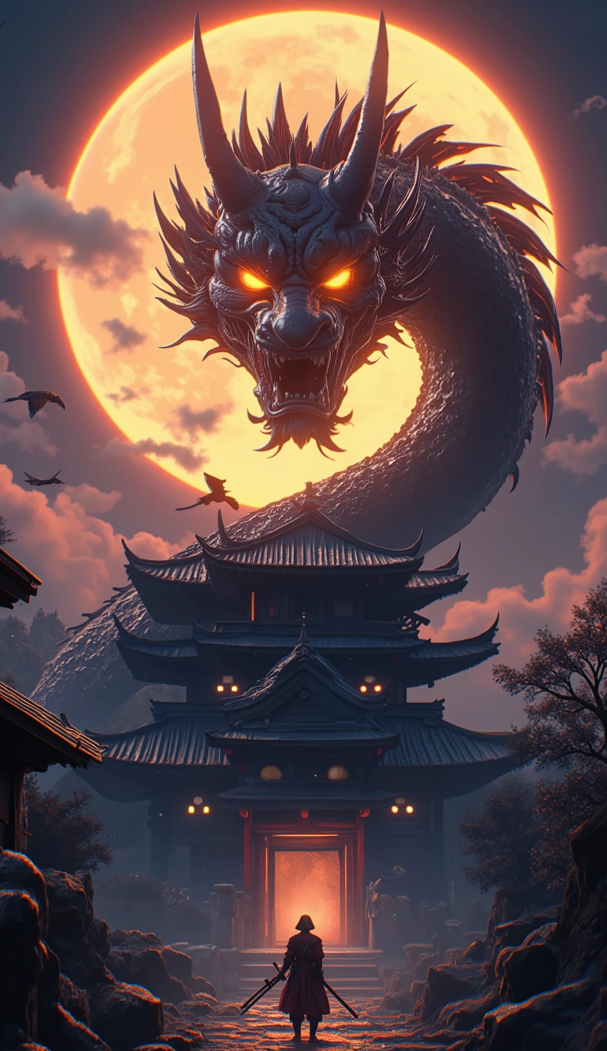 4K high-definition digital imagery. A magnificent scene with a giant dragon with glowing orange eyes, intricately patterned jet-black scales resembling the colors of Thai Khon on its body, and glowing scale grooves resembling the color of volcanic lava, standing tall over a traditional Japanese castle at night, under a large mandala-like full moon. The dragon's pose is full of aura power, one arm stretched out as if he is grabbing, and the dragon's body glows with soft energy. The castle below has beautifully detailed traditional wooden architecture. A lone samurai warrior in exquisite Thai Khon armor holding a katana stands in front of the castle gate, amidst the ruins, staring defiantly at the giant. The backdrop is a large, beautiful, glowing full moon, swirling clouds, and flocks of crows, creating a tense and mysterious atmosphere.