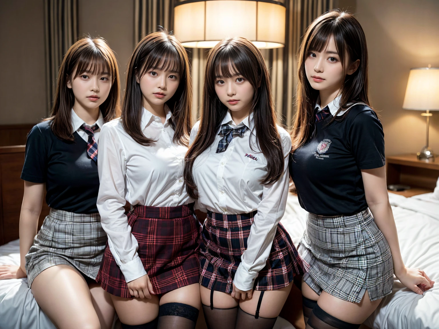 masterpiece, best quality, illustration, Super detailed, fine details, High resolution, 8K,wall paper, perfect dynamic composition,(Details High quality, realistic depiction of eyes:1.3), (3 girls), (white school shirt :1.2), (plaid skirt :1.3), tie black, black thigh-high stockings, sitting, open legs, short bob hair, in a hotel room in the background, deep on field, large breasts, black hair color, Big Natural Color Lip, (perfect body shape), crying a little、Harajuku style、20 year old girl、cute type、beautiful legs, Gravure Idol