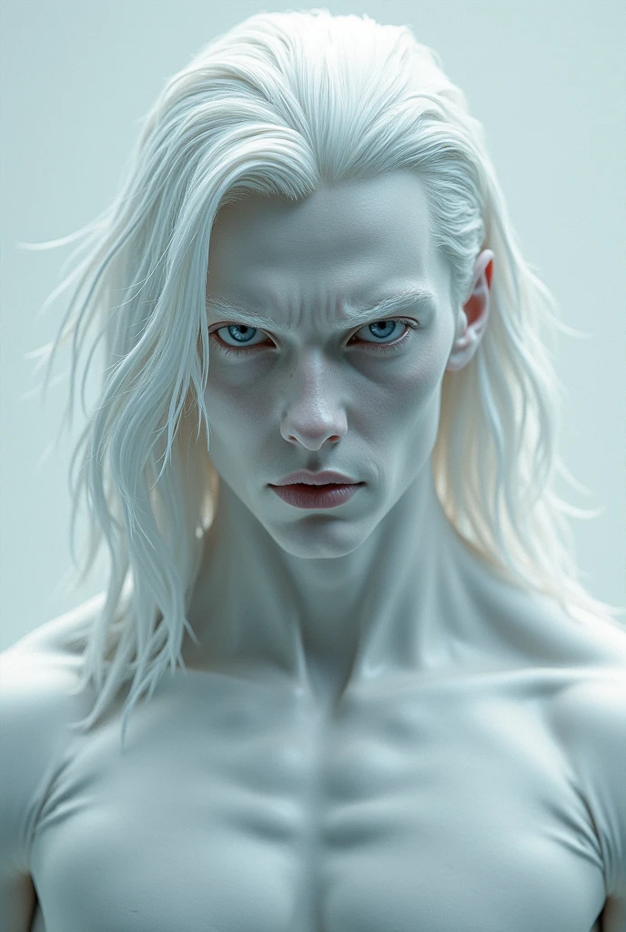 (albino tall lathy androgynous male Ice Queen, hoarfrost, pristine, precious, fragile beauty, translucent, thin neck, frail shoulders, flat chest, soft belly, male crotch, curvy hips, massive buttocks, his penis and testicles are very fragile and vulnerable to heat, he is immortal while he is cold but he can be shattered like glass and the warmth of love will kill him, pent up, needy, horny. weak stomach, weak bladder)