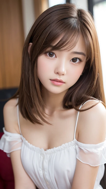 masutepiece, Best Quality, 8K, 8years old, , Raw photo, absurderes, award winning portrait, Smile, Solo, Idol face, Delicate girl, Upper body, Digital SLR, Looking at Viewer, Candid, Sophisticated,Thin arms, Professional Lighting, Film grain, chromatic abberation, (Eyes and faces with detailed:1.0), (Bokeh:1.1) , (Office Lady Uniform:1.1) , closes mouth , A dark-haired , drooing eyes , large full breasts , (Thick lip:1.2) , 15-year-old face , red-lips , on the bed